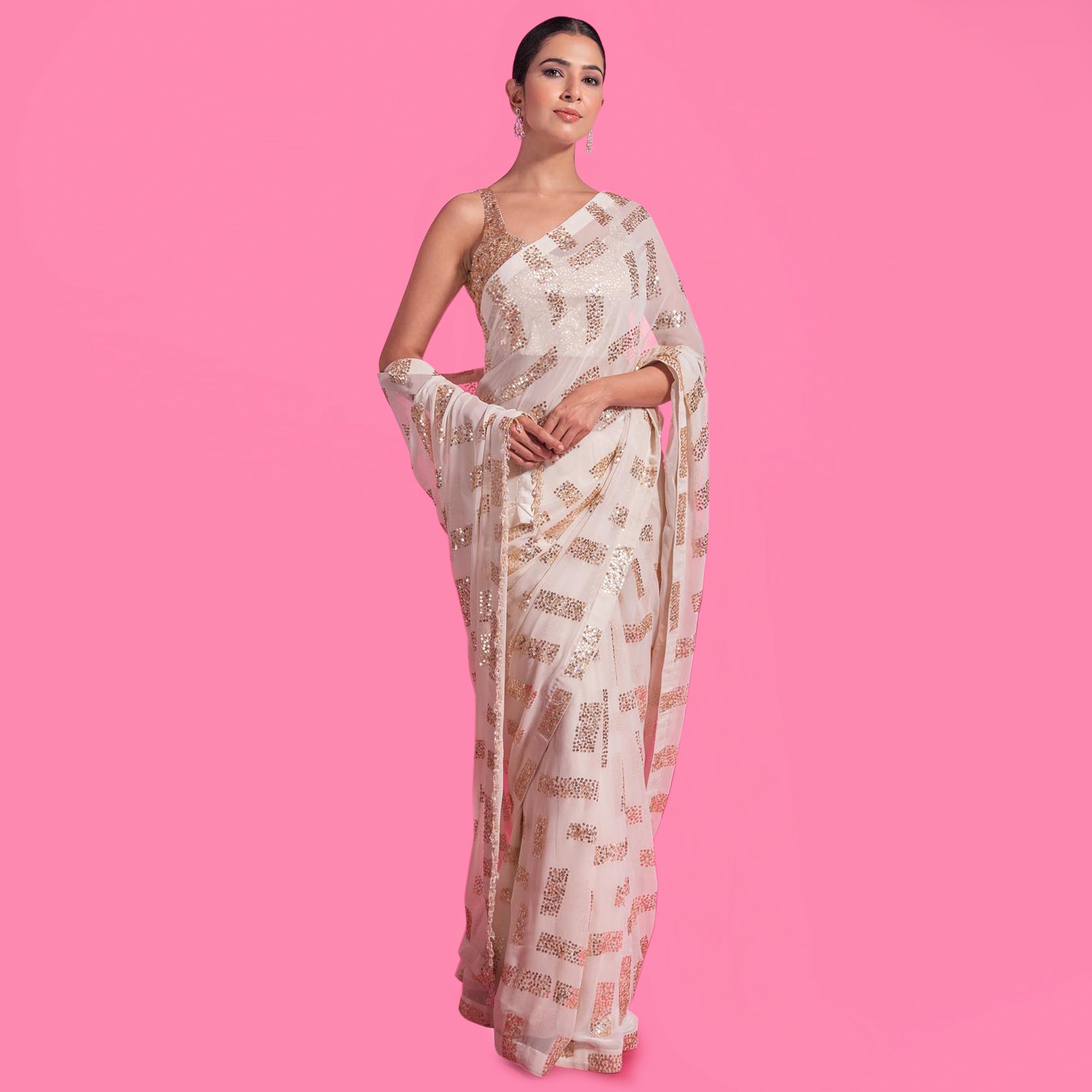 White Sequins Embroidered Georgette Saree