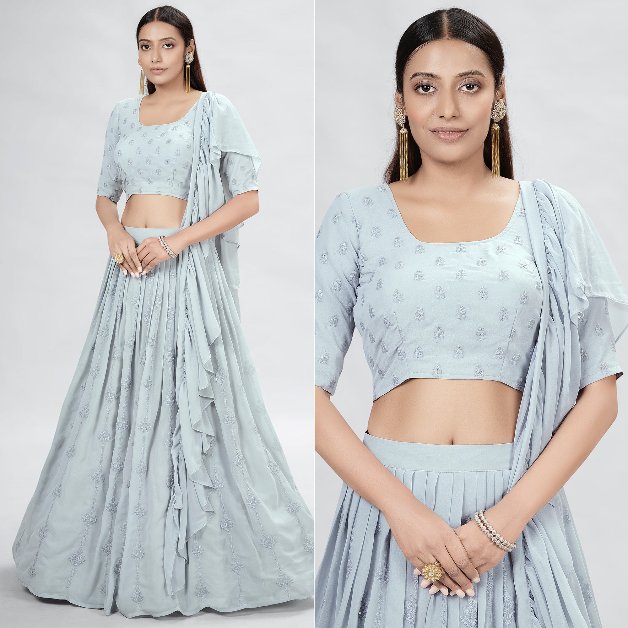 Grey Embroidered Georgette Lehenga Choli