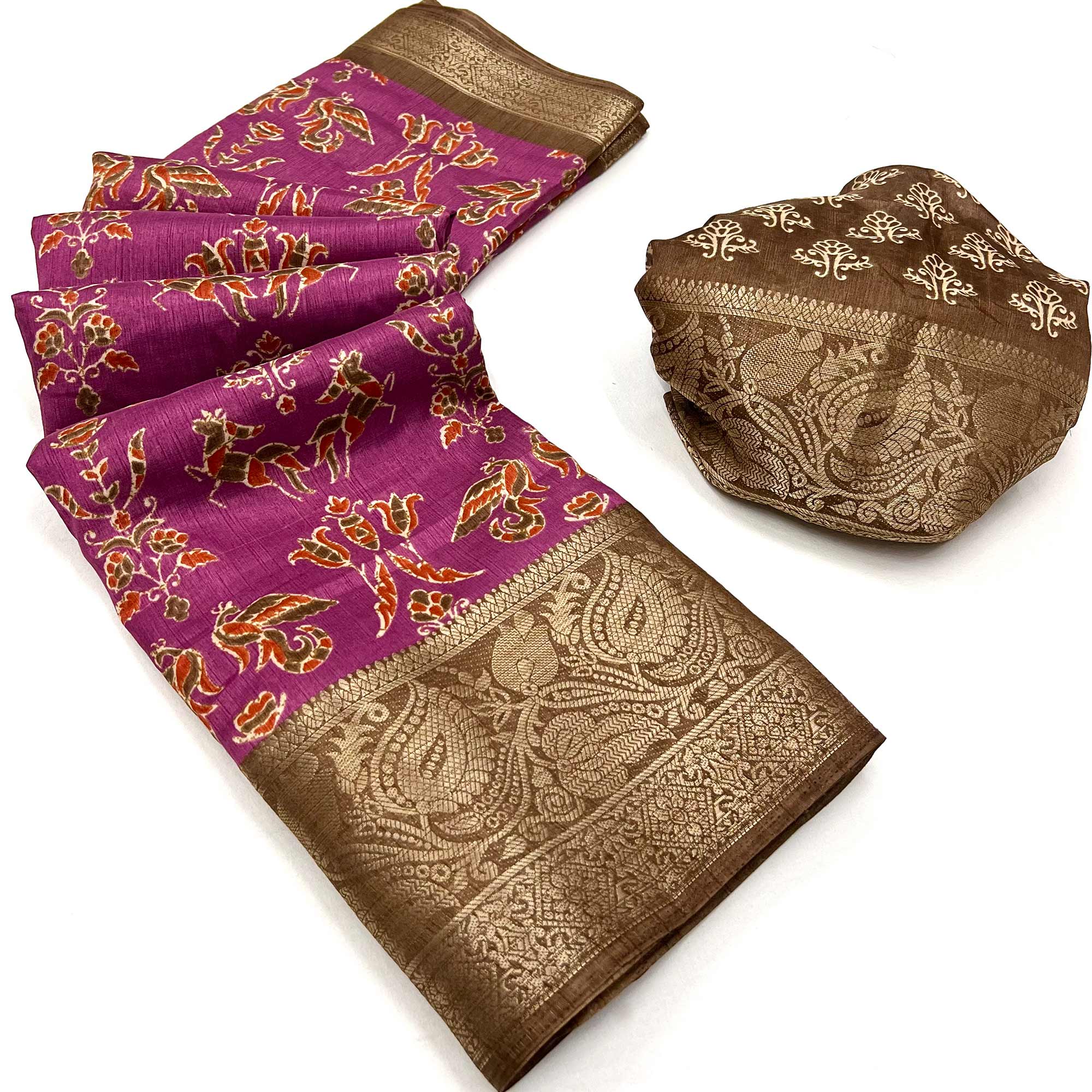 Magenta Purple Printed With Woven Border Dola Silk Saree