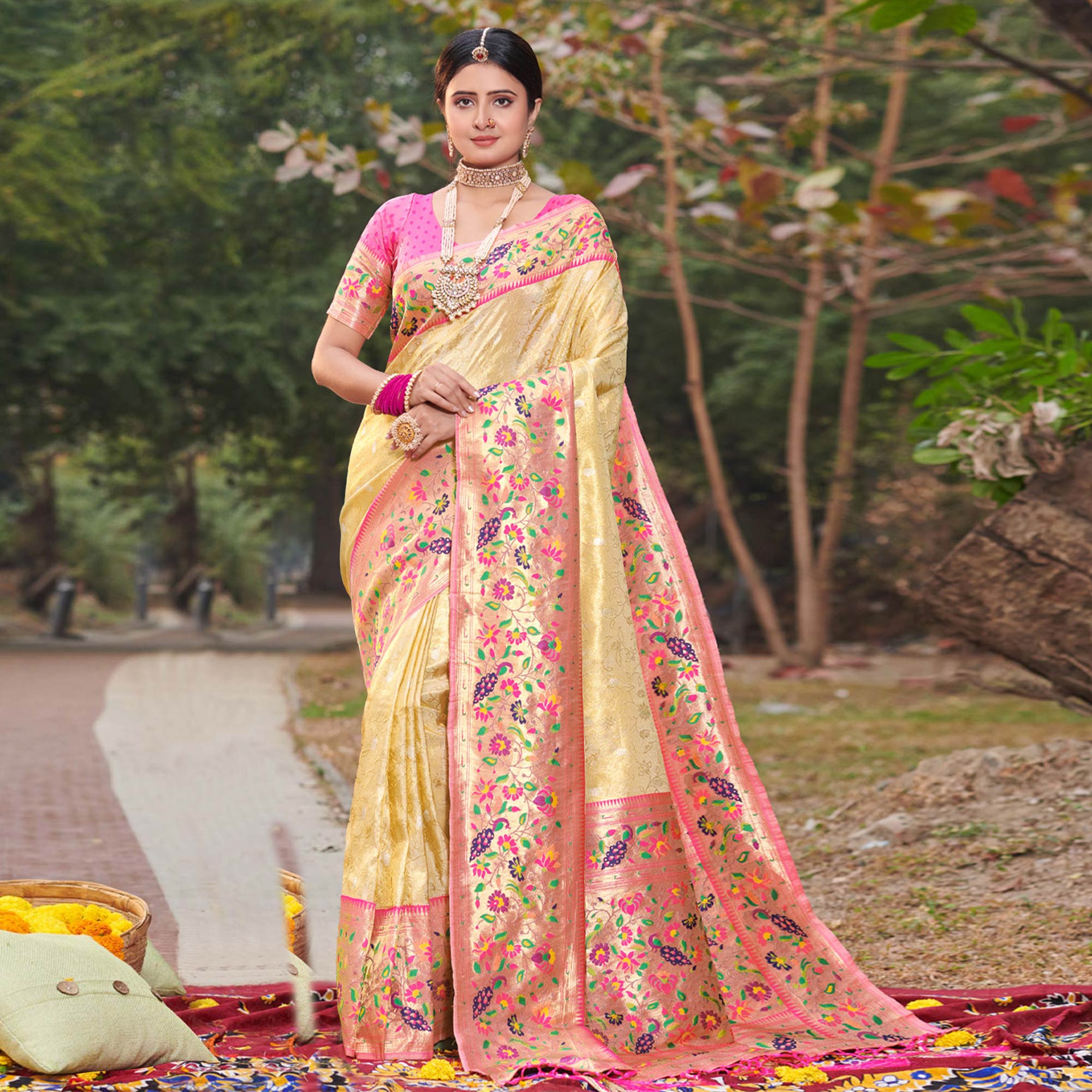 Cream Woven Art Silk Paithani Saree With Tassels