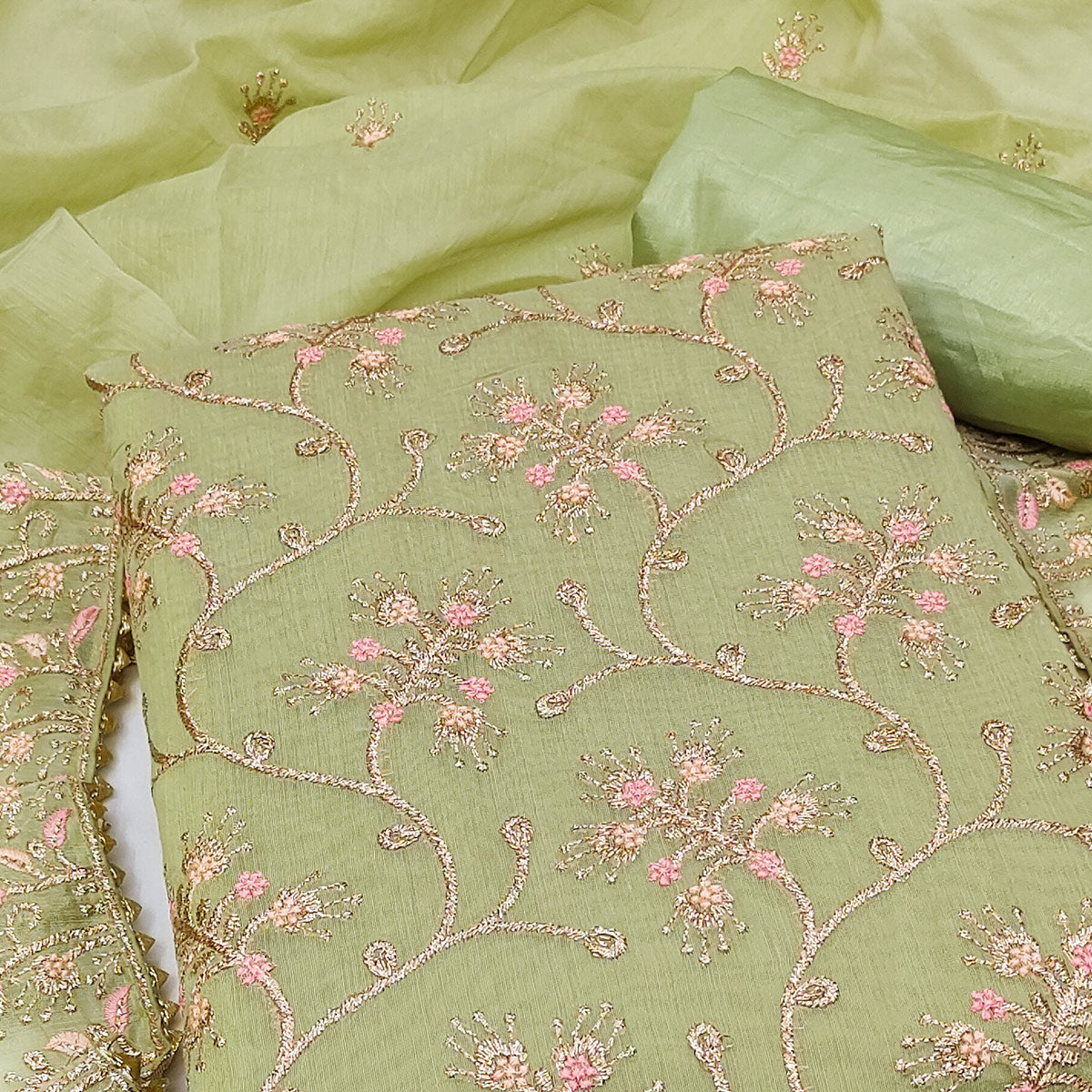 Green Floral Embroidered Chanderi Dress Material