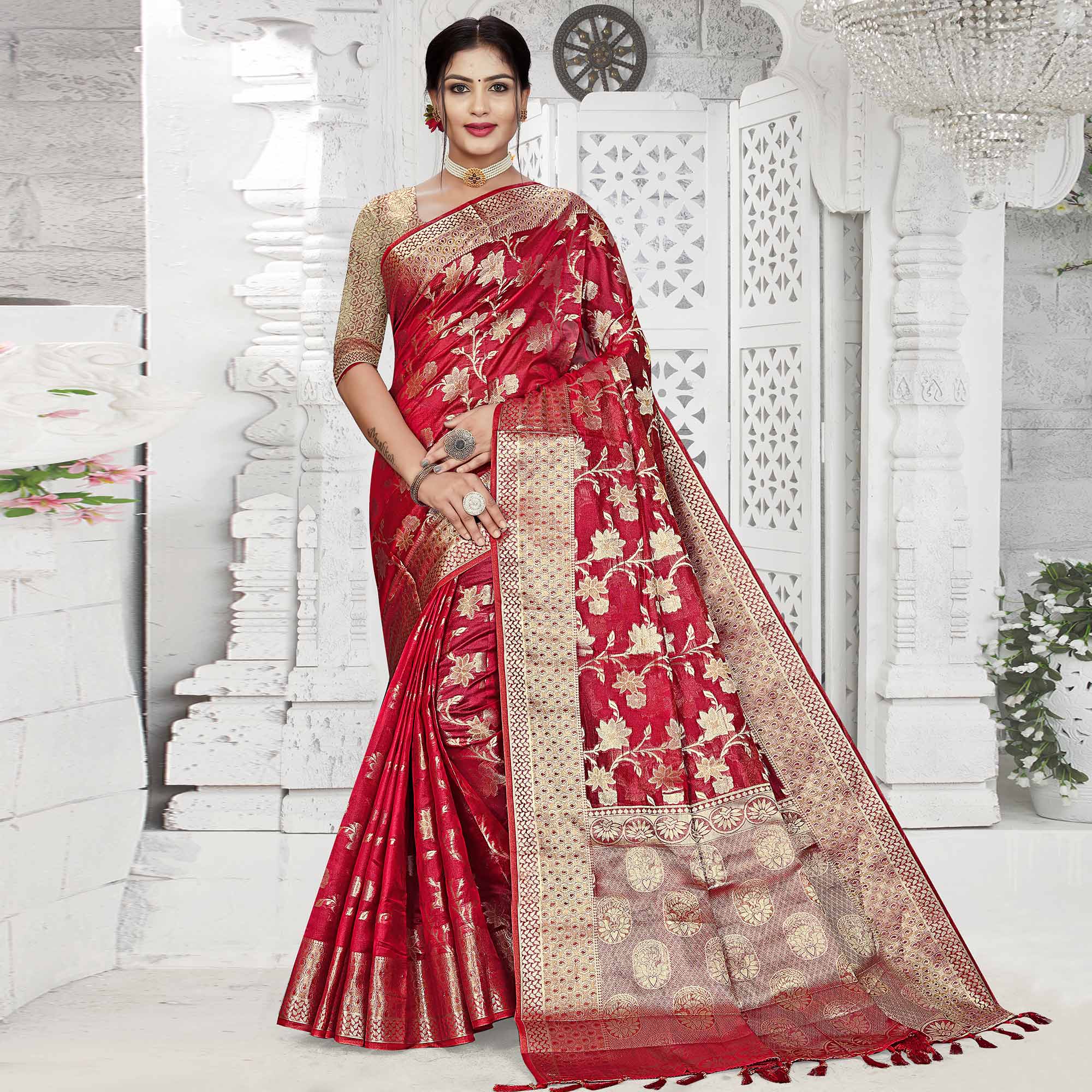 Rani Pink Floral Woven Organza Saree With Tassels