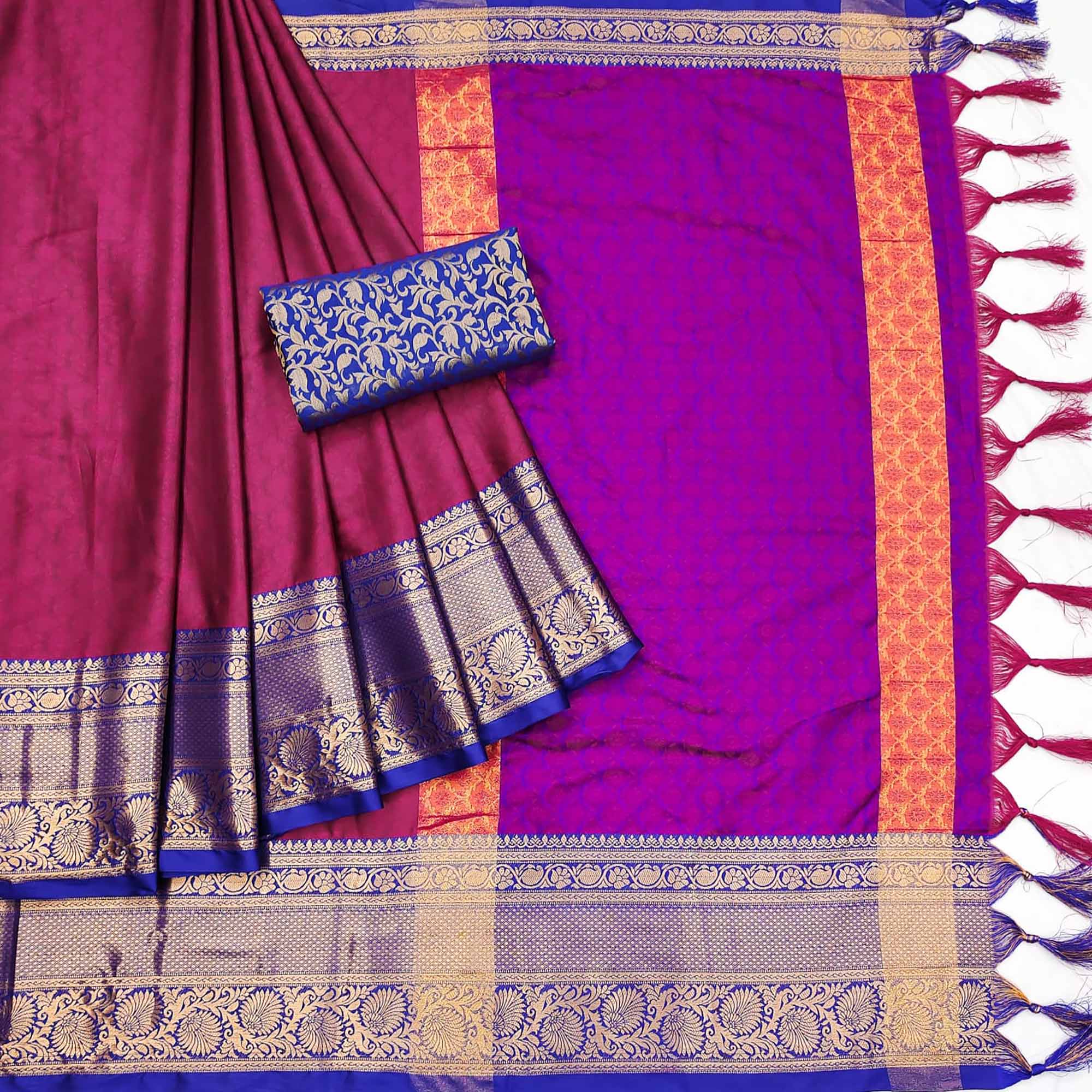 Magenta Pink Printed And Woven Cotton Silk Saree With Tassels