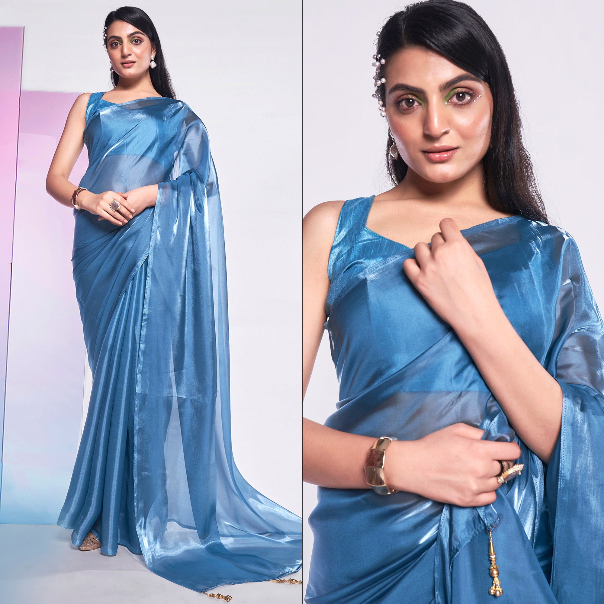 Sea Blue Solid Organza Saree With Tassels