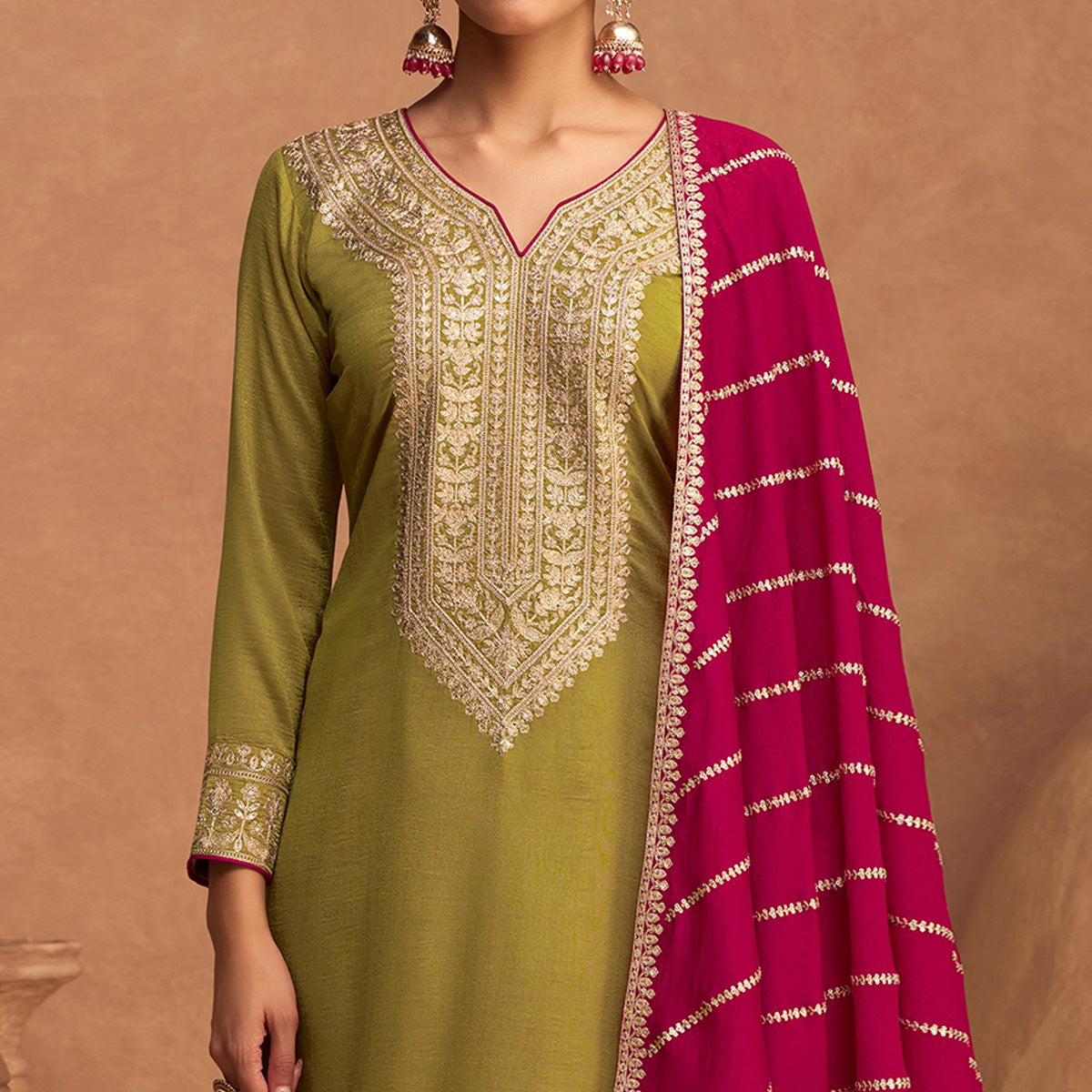 Green Floral Sequins Embroidered Art Silk Semi Stitched Suit