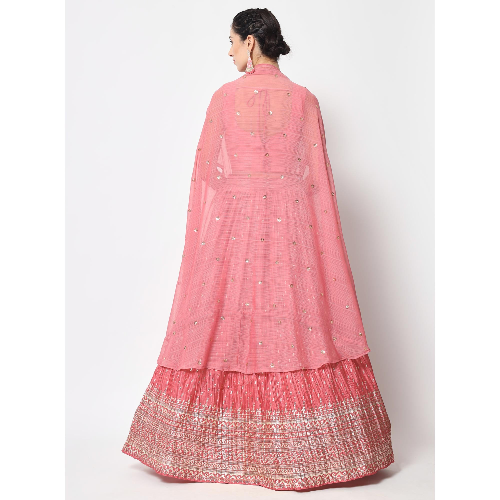 Pink Foil Printed Chiffon Lehenga Choli