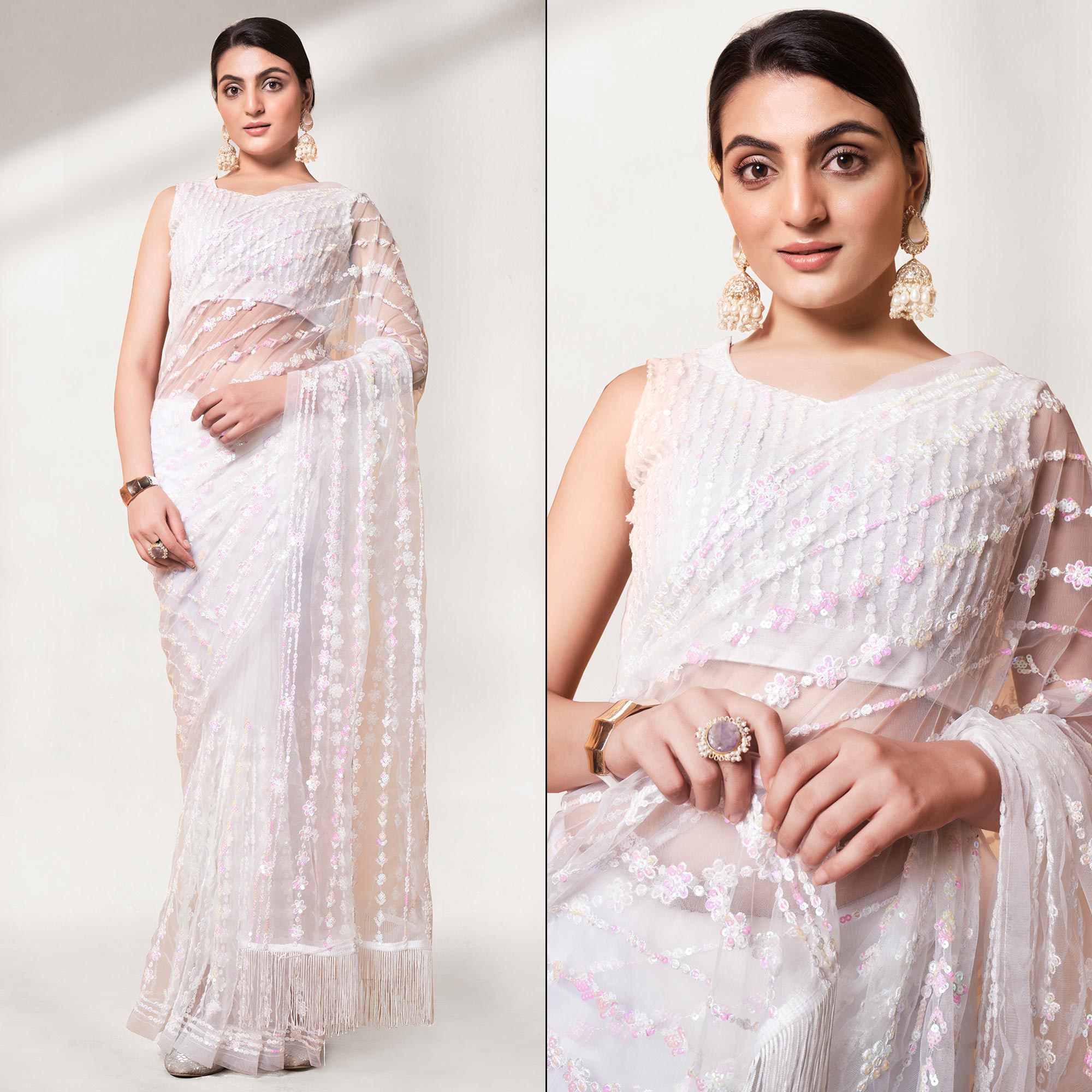 White Sequins Floral Embroidered Soft Net Saree