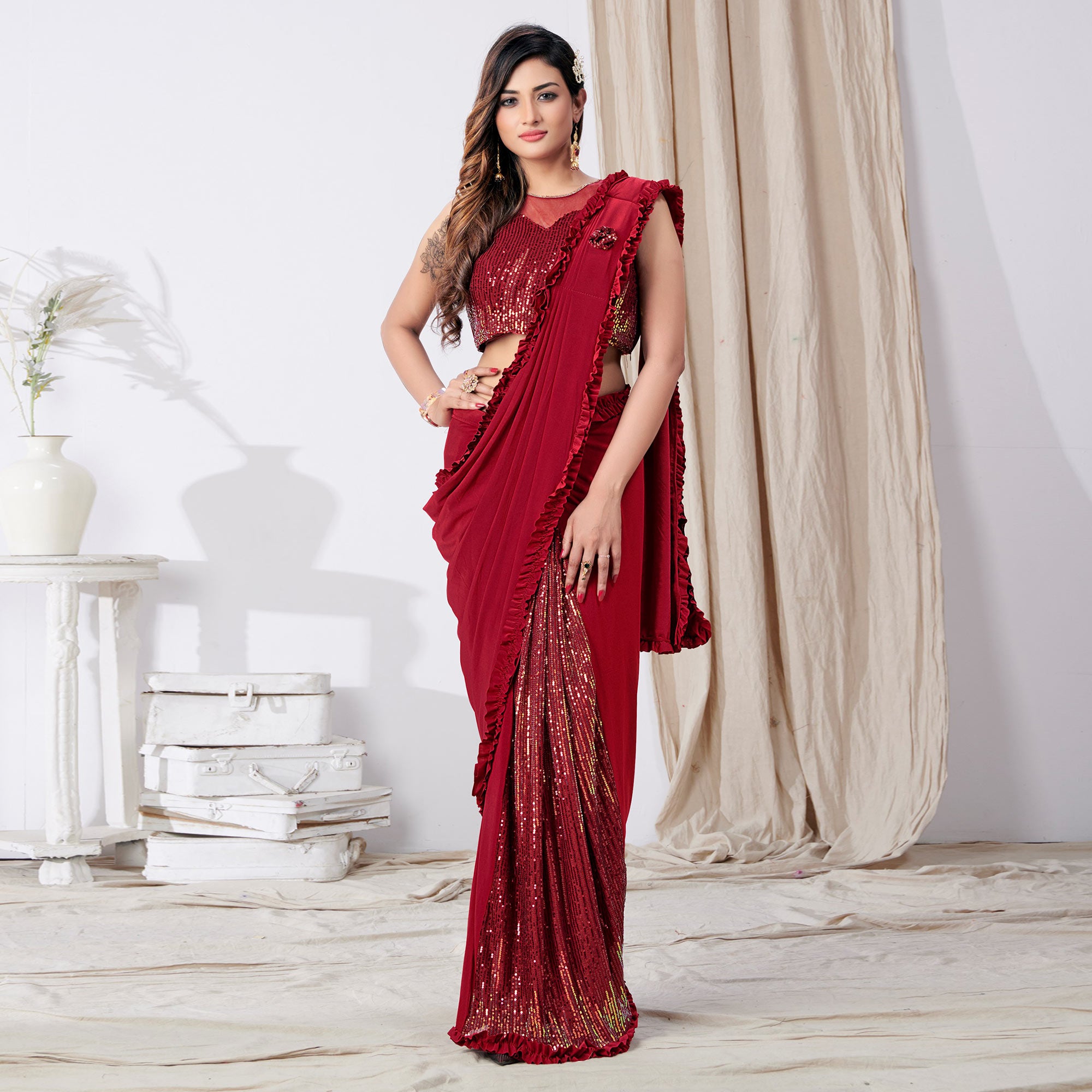 Red Sequins Embroidered Lycra Ready to Wear Saree