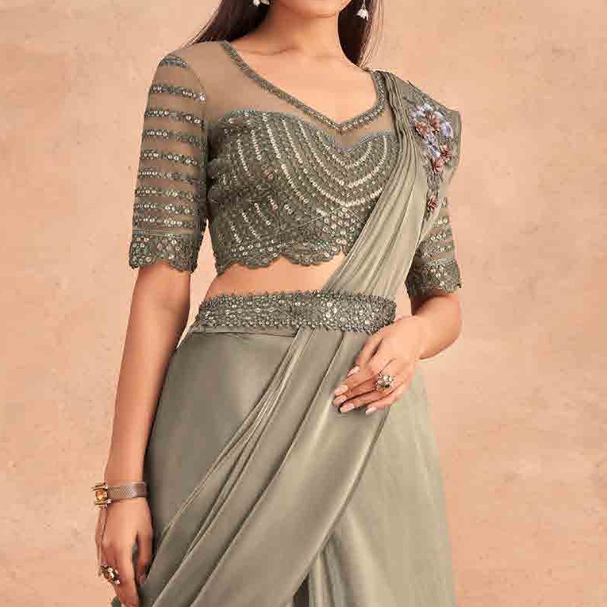 Grey Sequins Embroidered Ready to Wear Art Silk Saree
