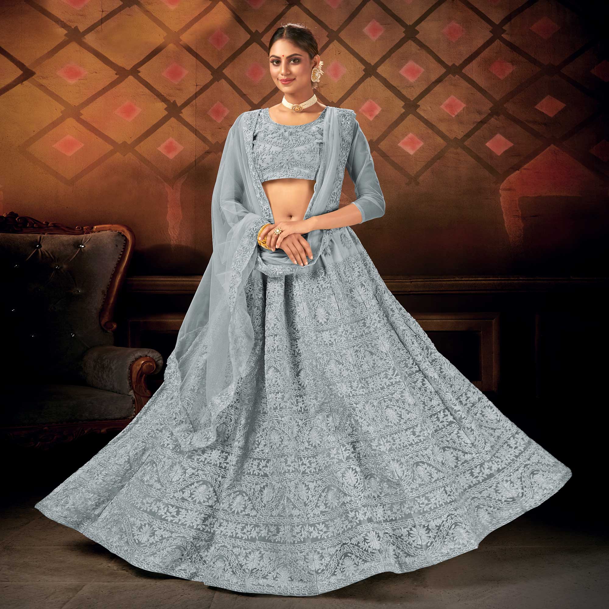 Grey Embroidered Netted Lehenga Choli