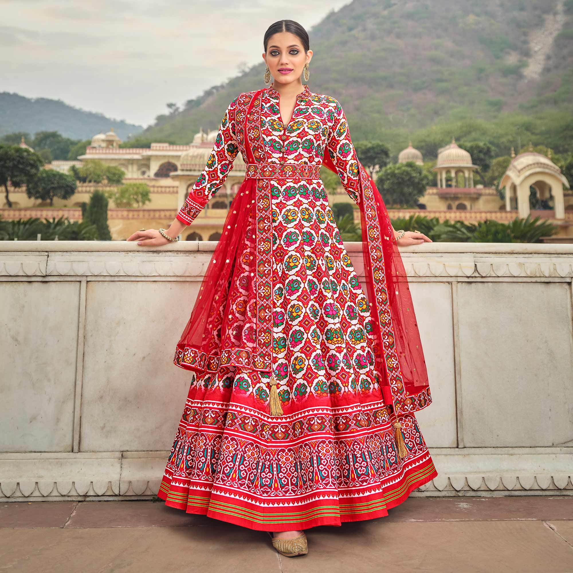 Red Patola Digital Printed Dola Silk Gown