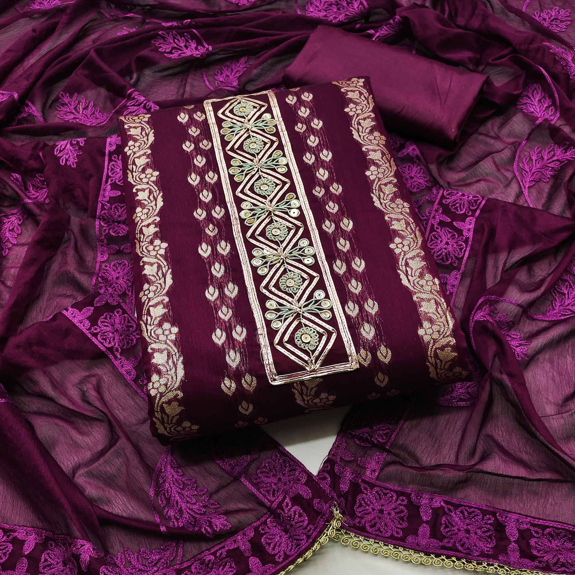 Wine Woven Banarasi Silk Dress Material