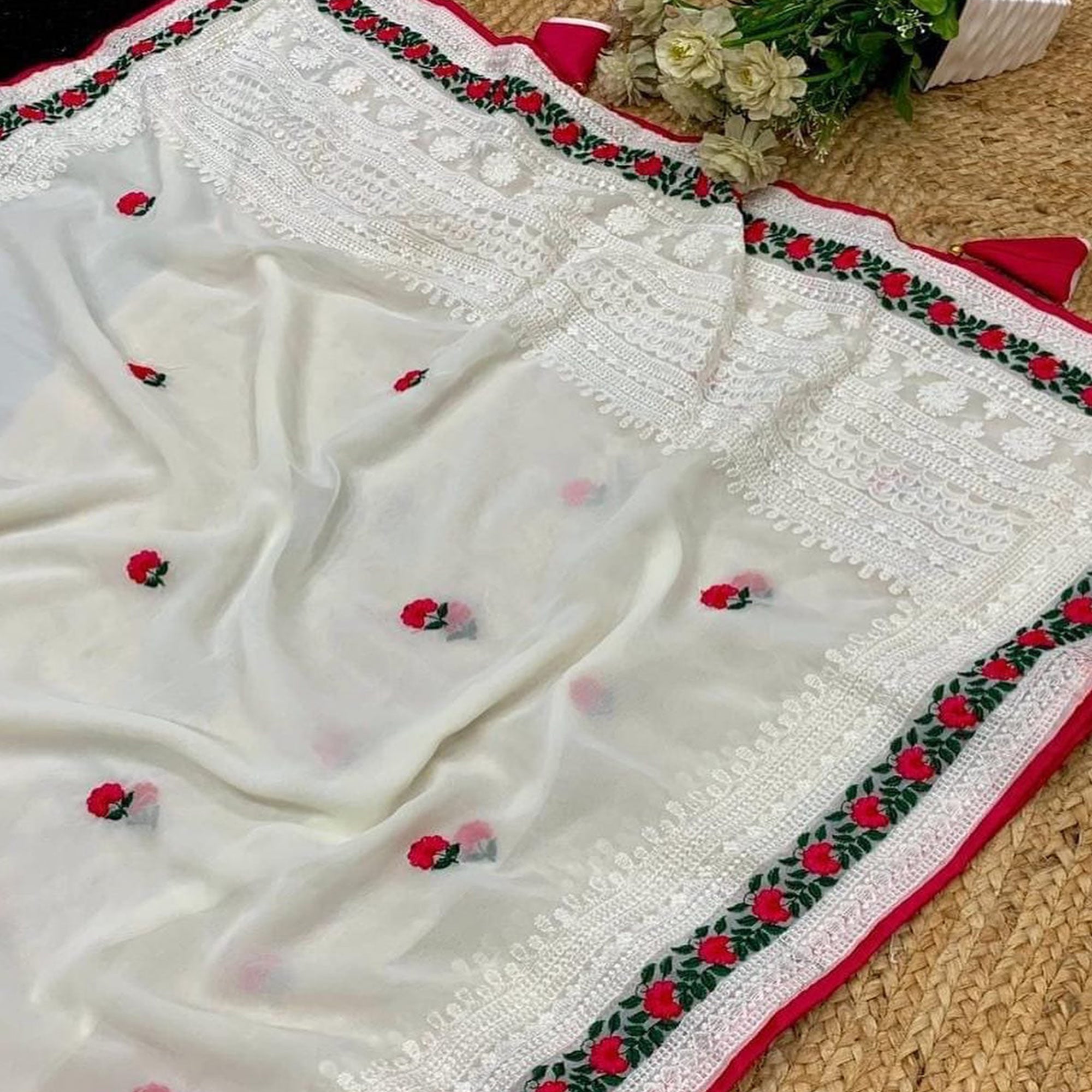 White Floral Embroidered Georgette Saree