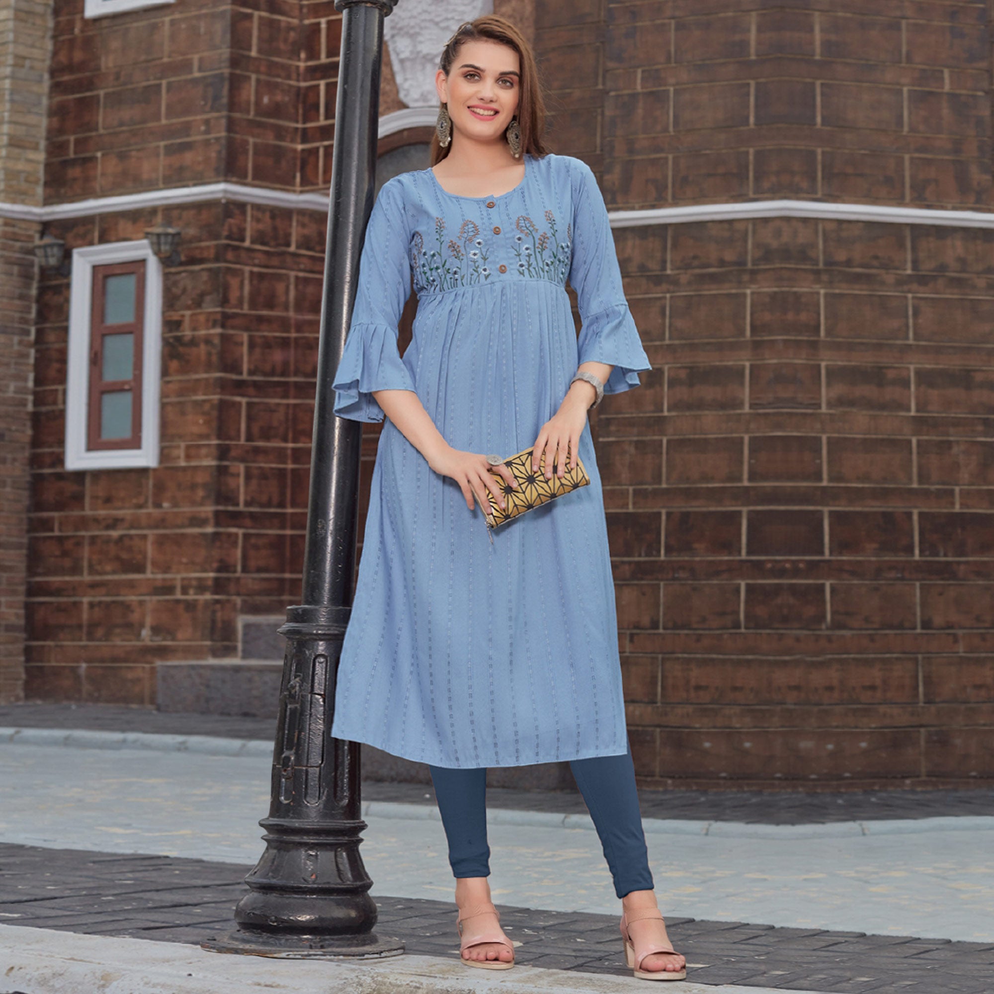 Blue Floral Embroidered Rayon Naira Cut Kurti