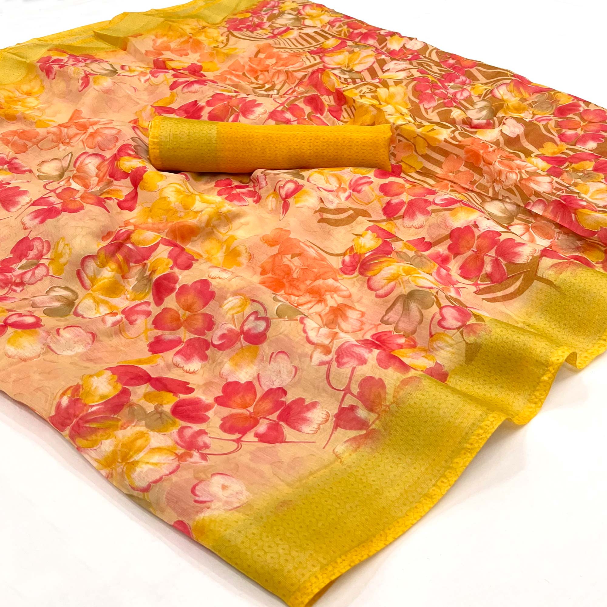 Mustard Floral Printed Linen Saree