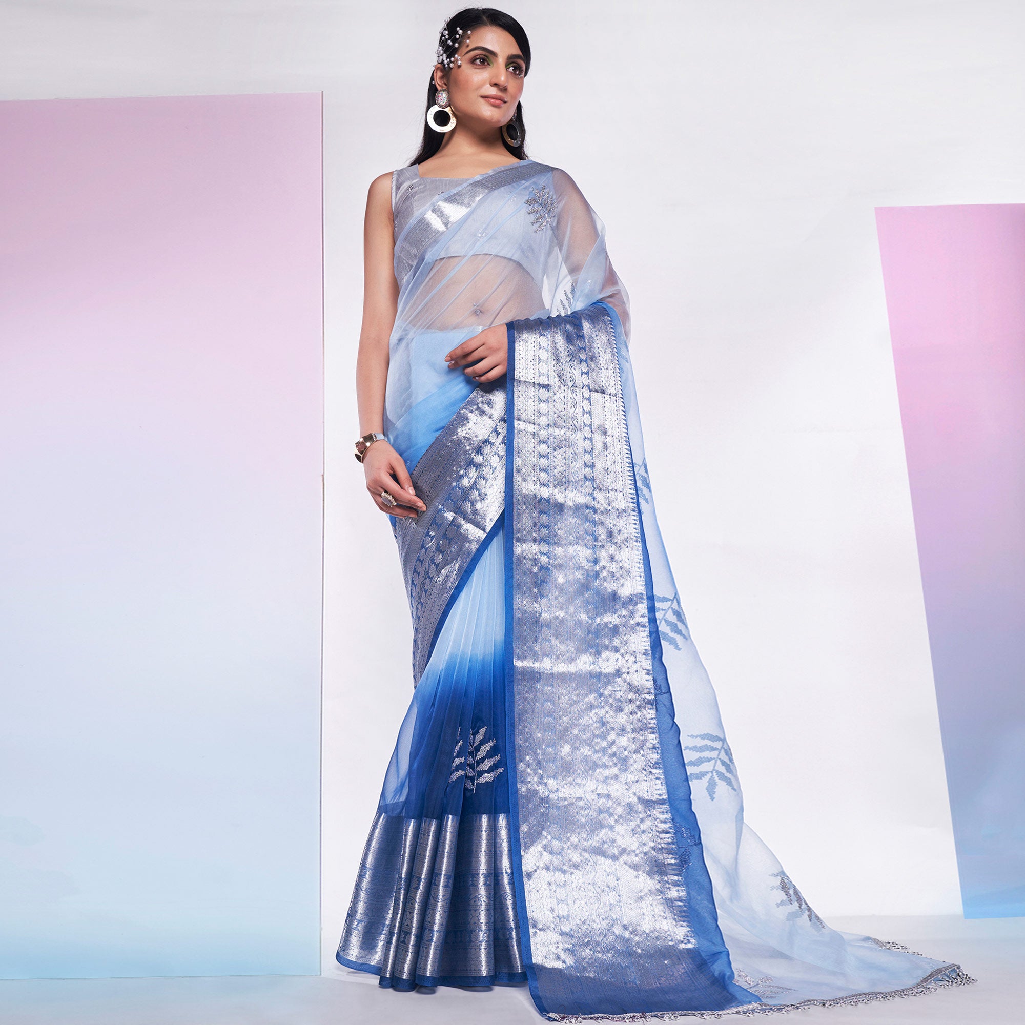 Blue Sequins Embroidered Organza Saree