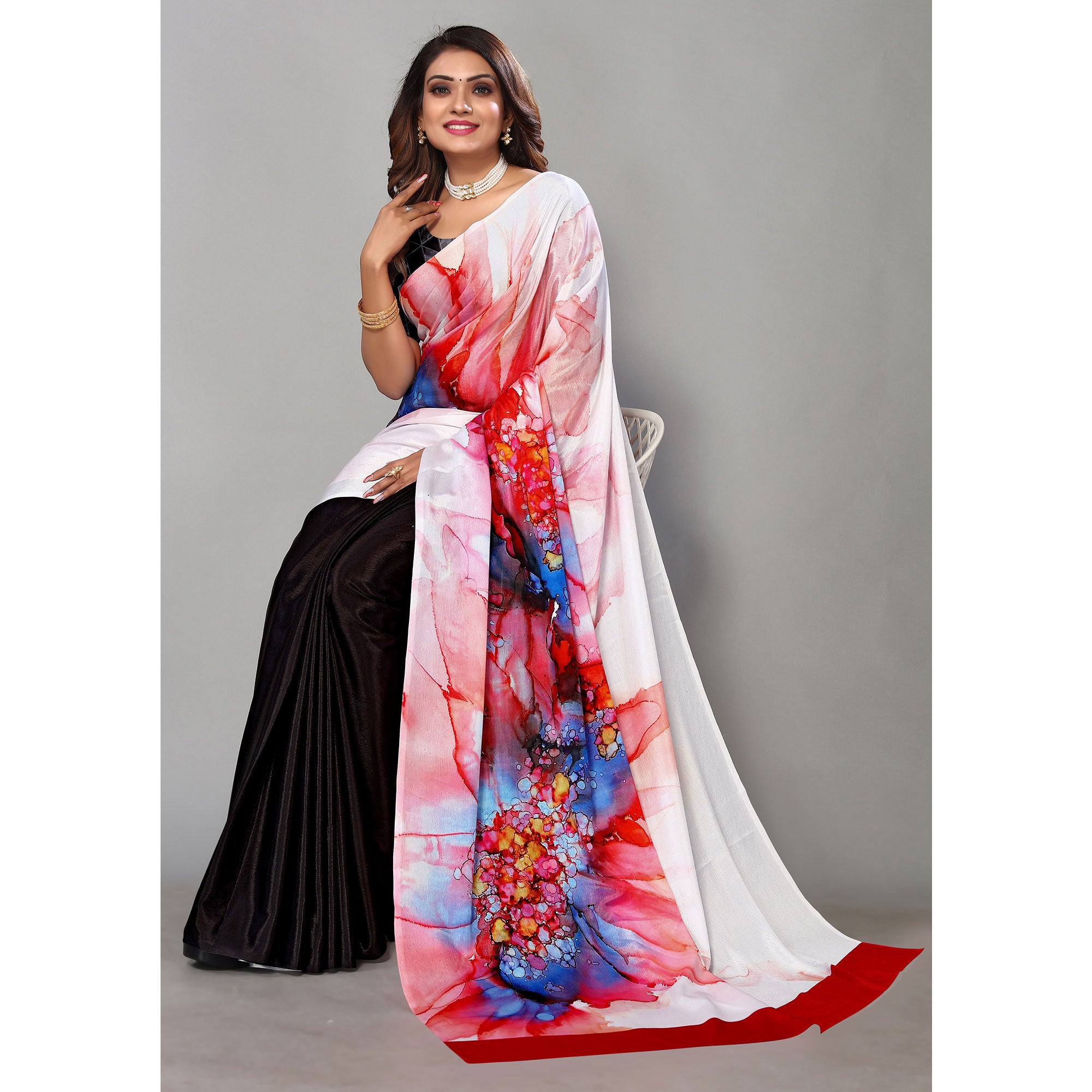 Black And White Digital Printed Chiffon Half & Half Saree