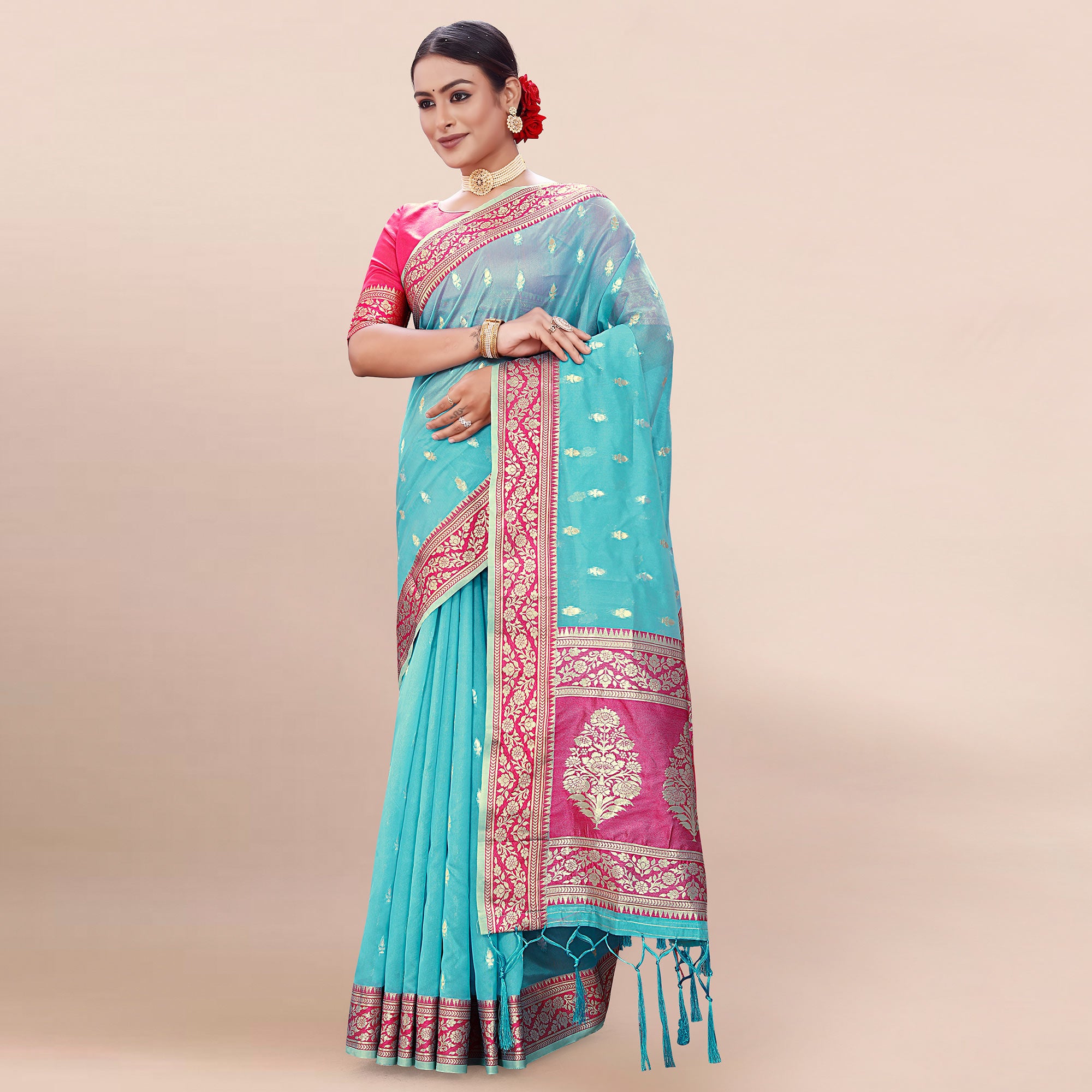 Blue Woven Organza Saree With Tassels