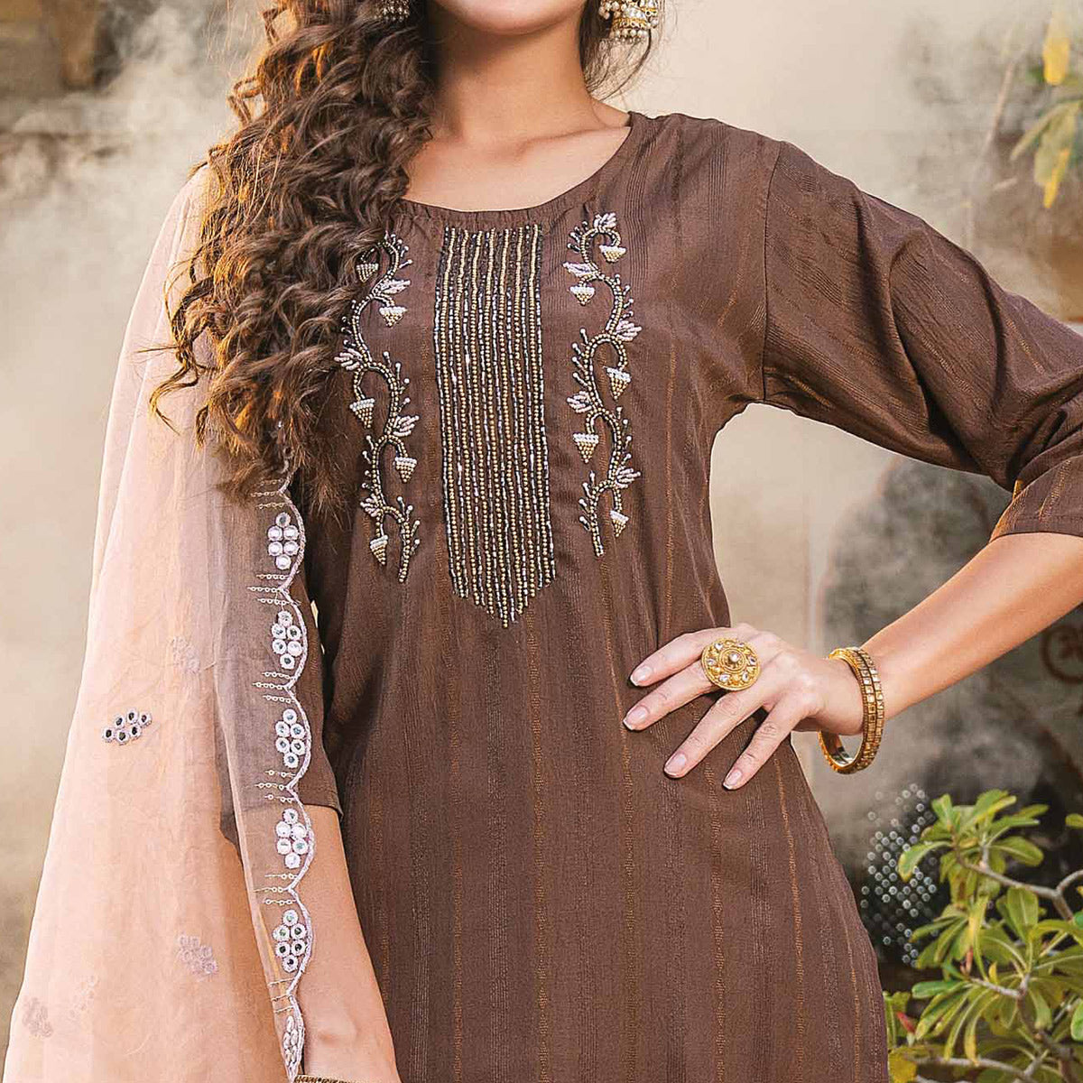 Brown Embellished Viscose Salwar Suit