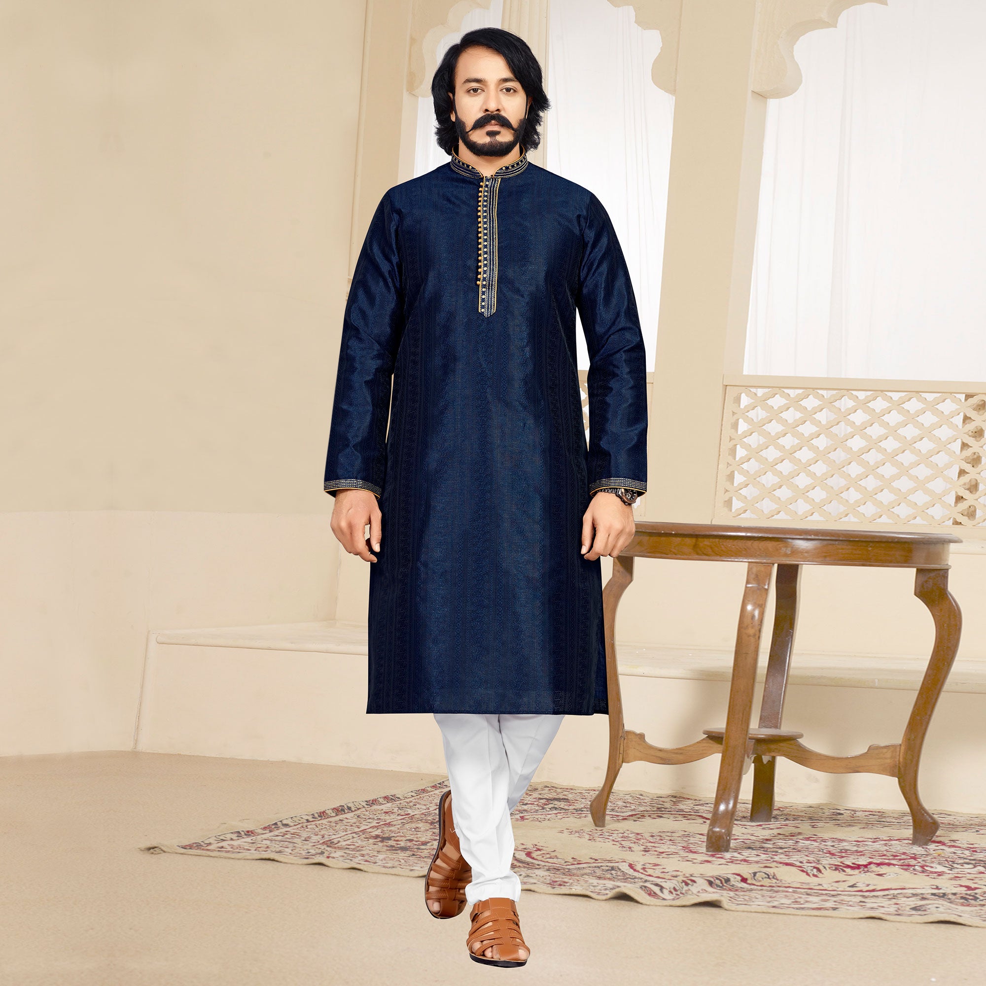 Blue Woven Jacquard Kurta Pyjama Set