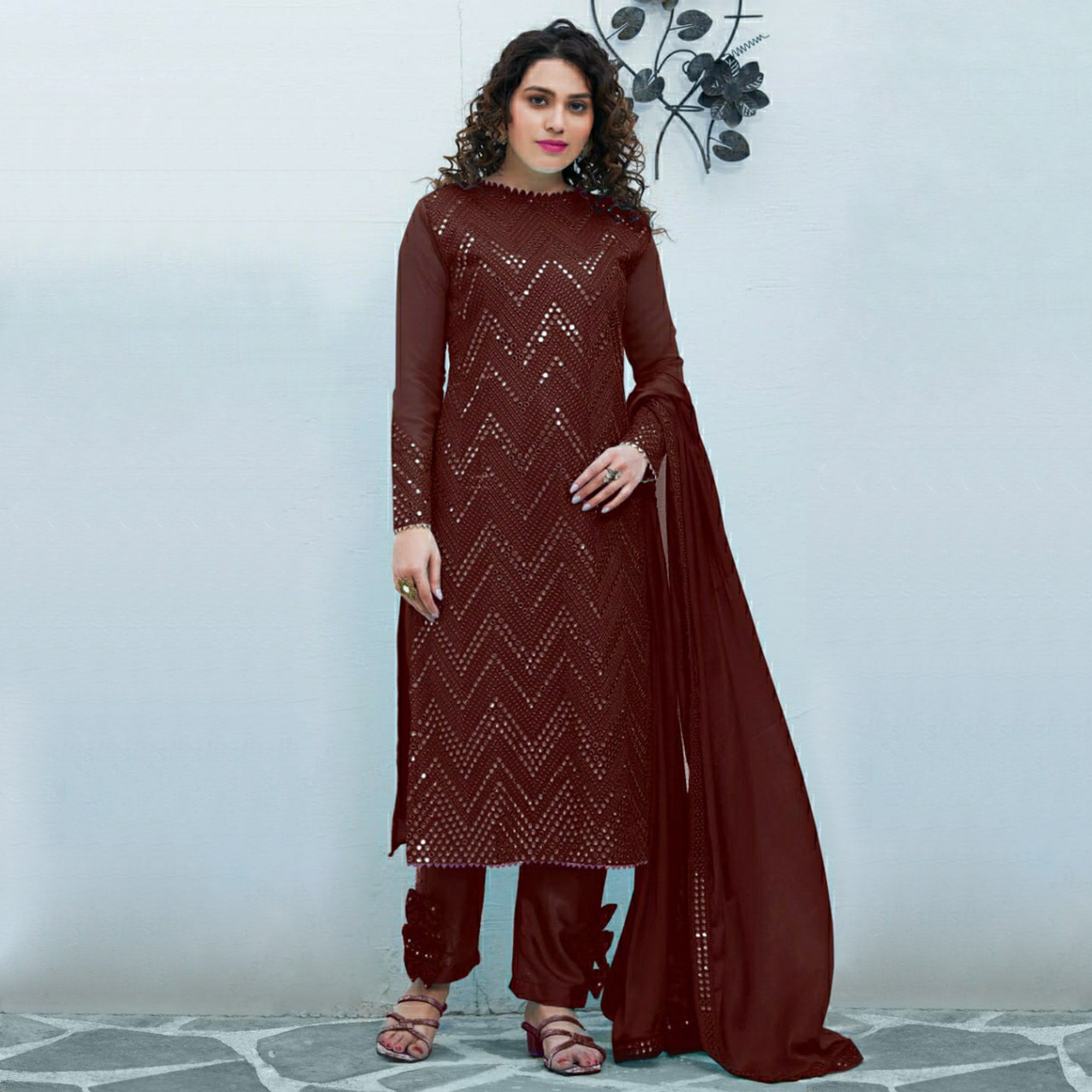 Brown Mirror Embroidered Georgette Suit