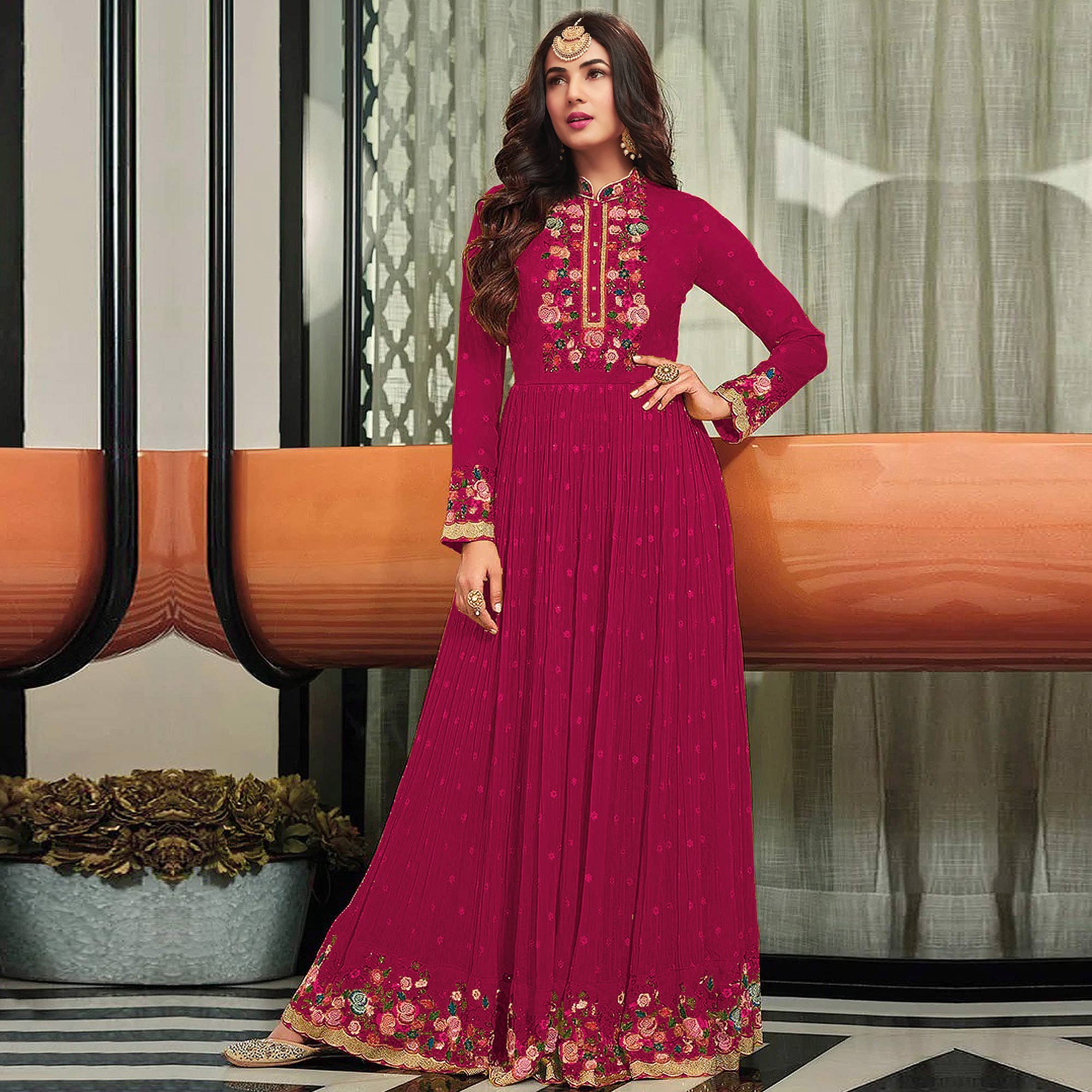 Pink Embroidered Georgette Gown