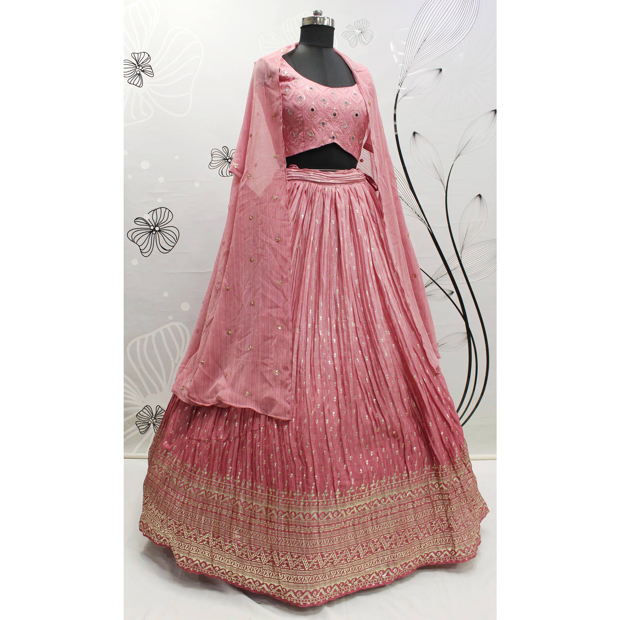 Pink Foil Printed Chiffon Lehenga Choli