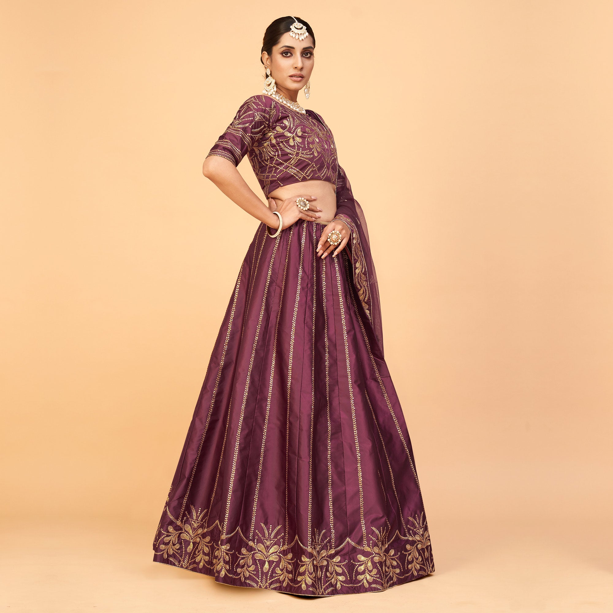 Wine Sequins Embroidered Art Silk Lehenga Choli