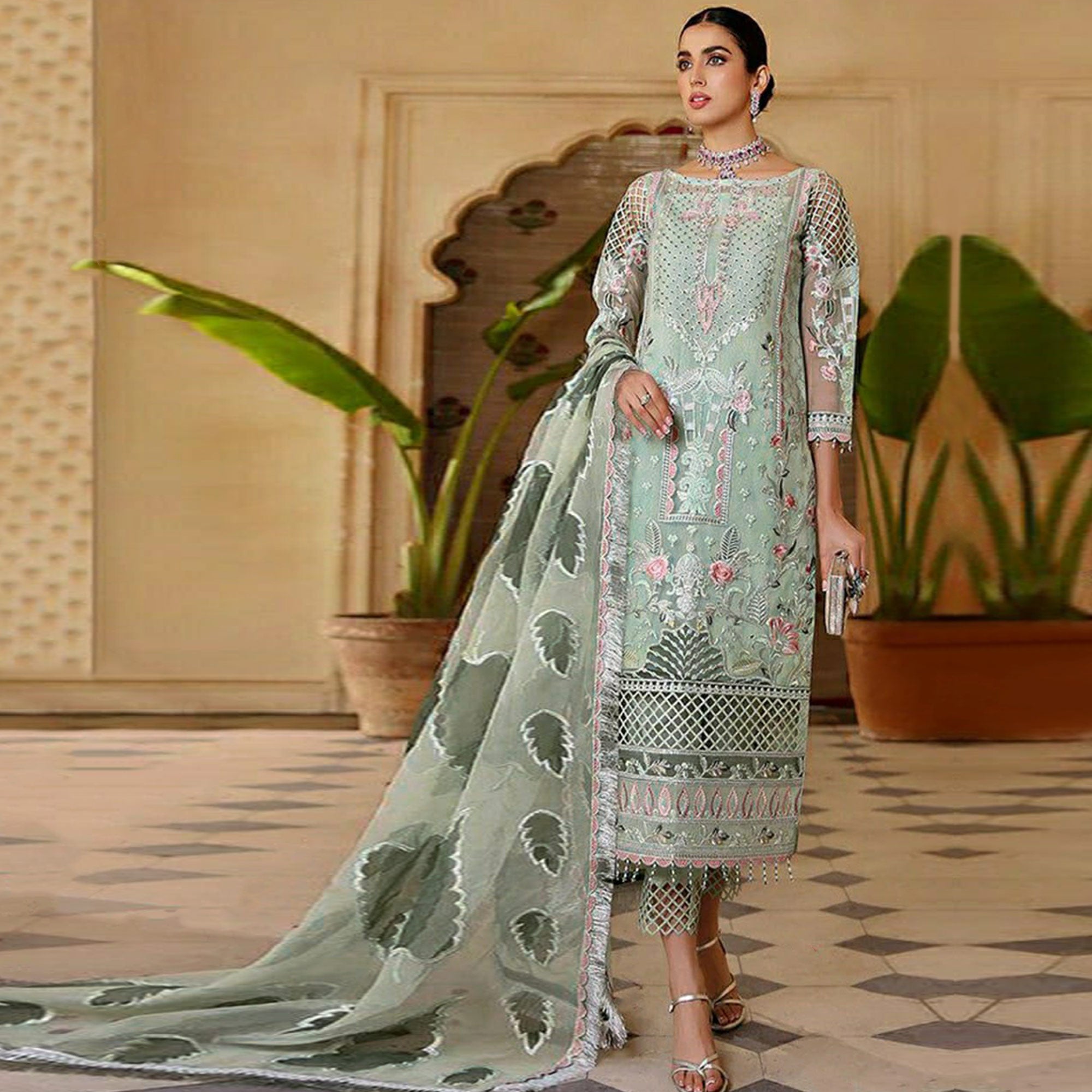 Sea Green Heavy Embroidered Georgette Pakistani Suit