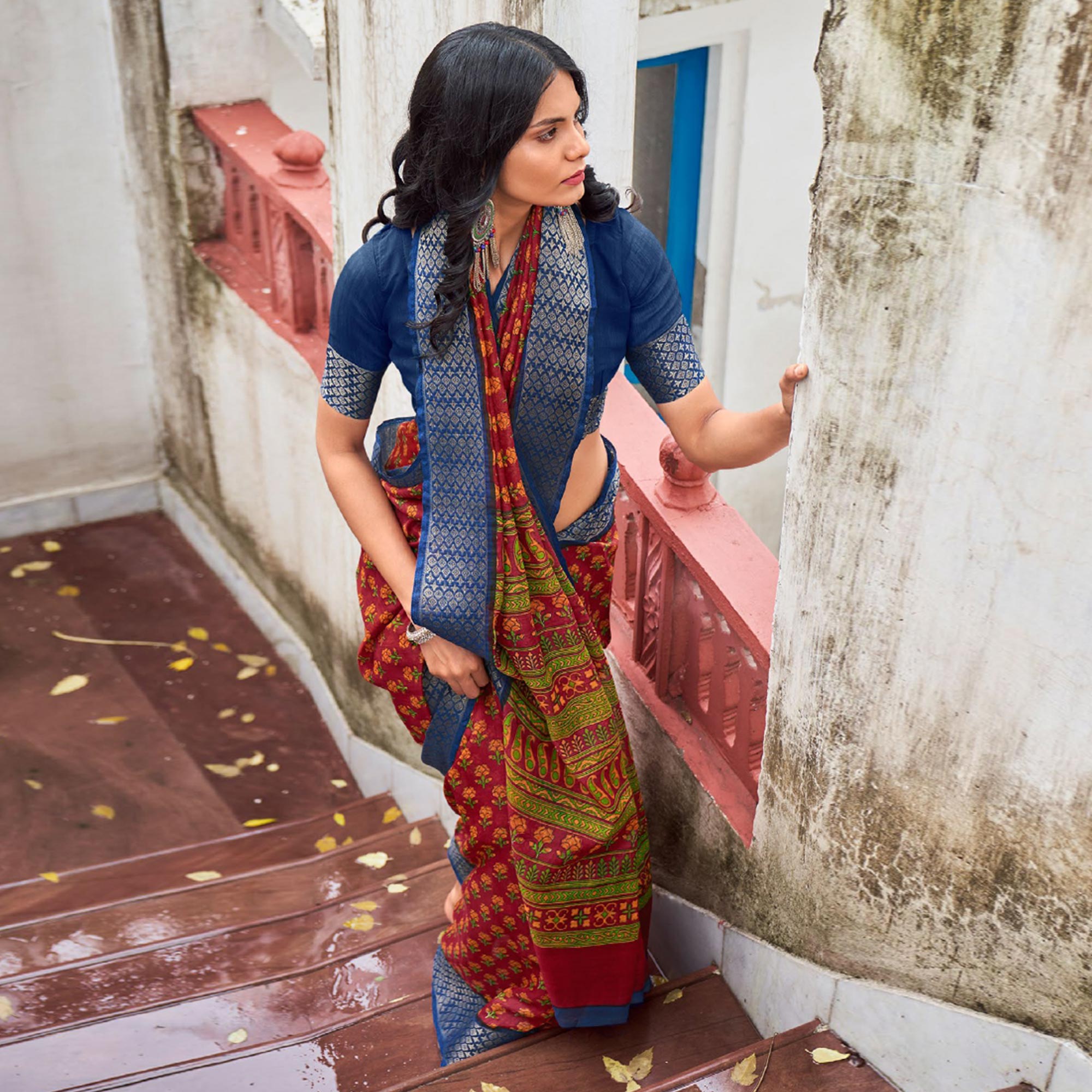 Pink Printed With Woven Border Raw Silk Saree