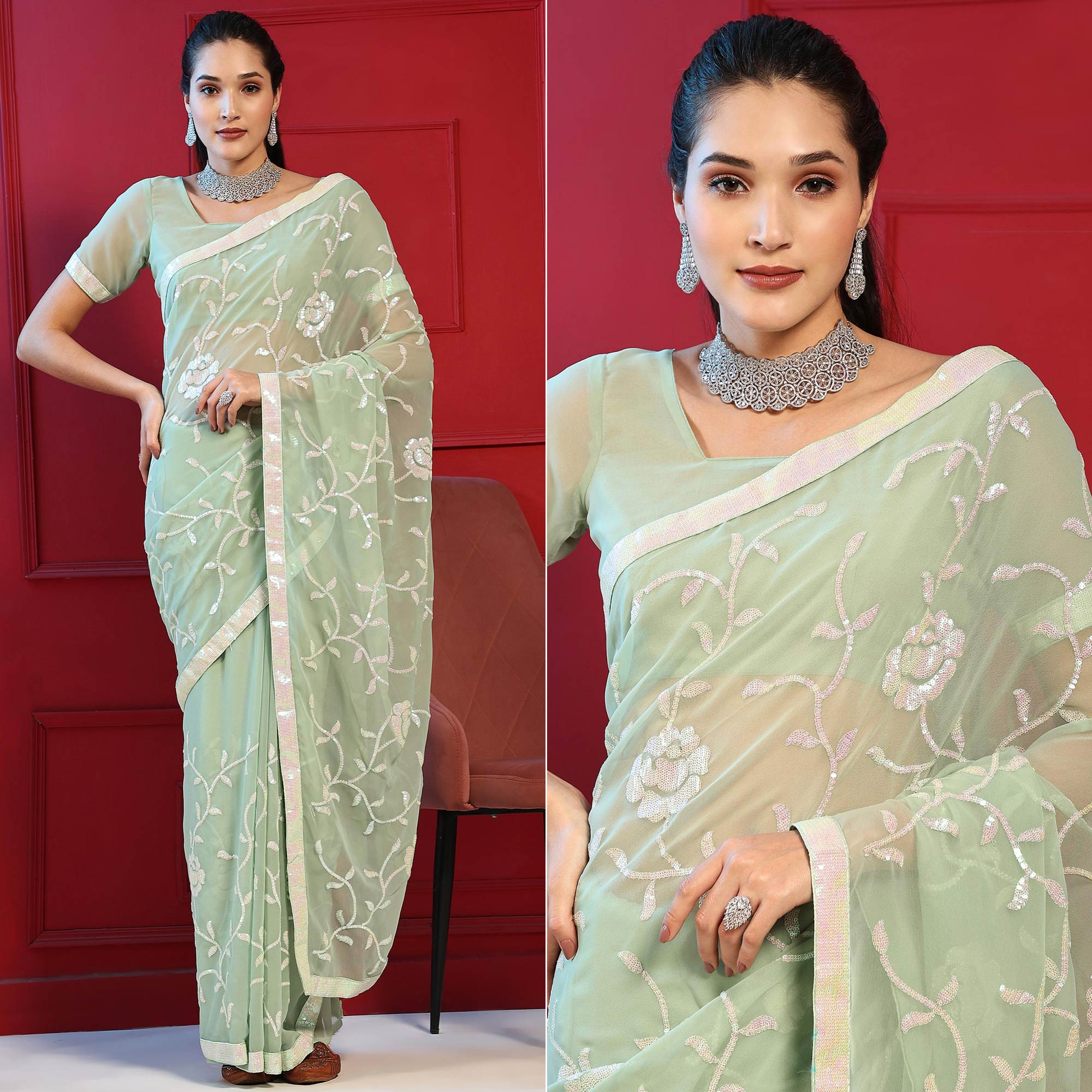 Green Sequins Embroidered Georgette Saree