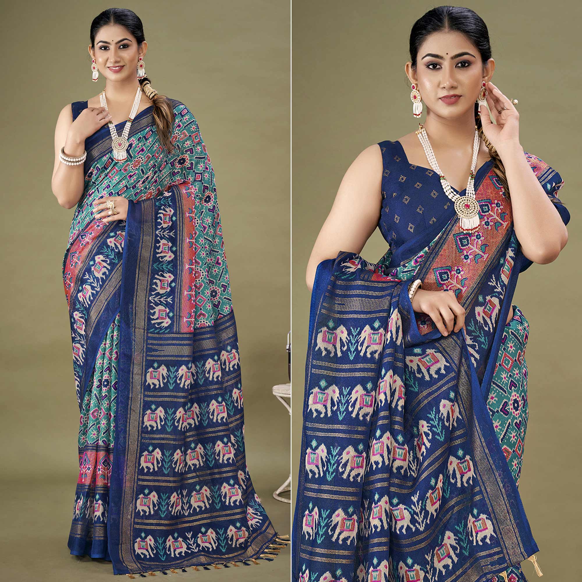 Blue Printed Jute Patola Saree