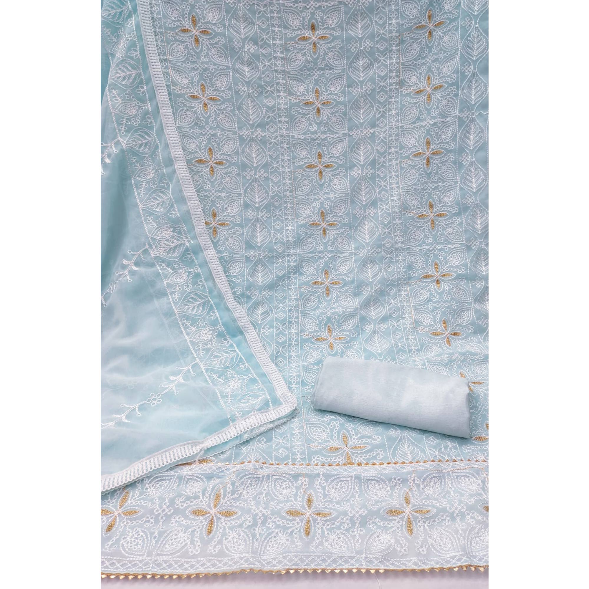 Sky Blue Floral Embroidered Georgette Dress Material