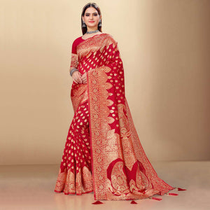 Red Woven Art Silk Saree With Tassels
