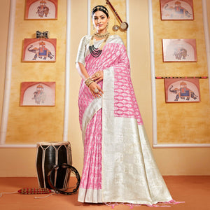 Pink Woven Cotton Silk Saree With Tassels