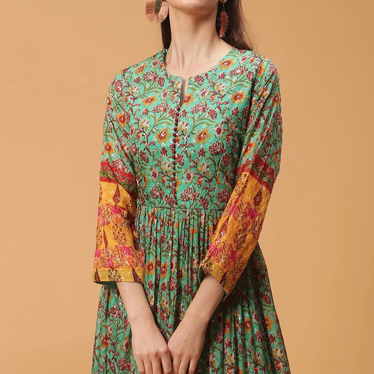 Green Digital Printed Dola Silk Gown