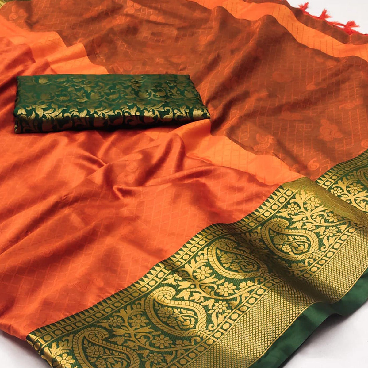 Orange Woven Cotton Silk Saree With Tassels