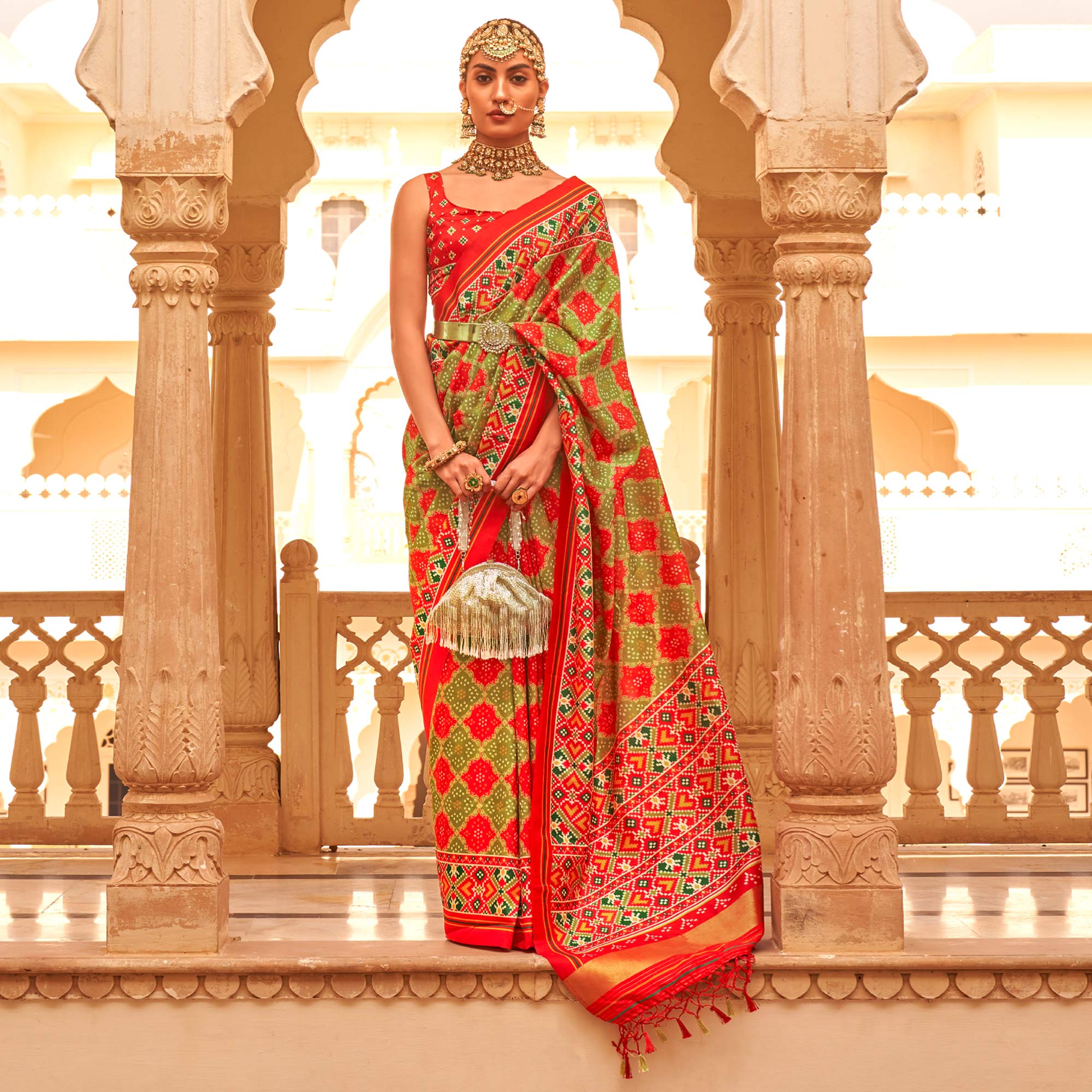 Green & Red Printed Tussar Silk Saree With Tassels