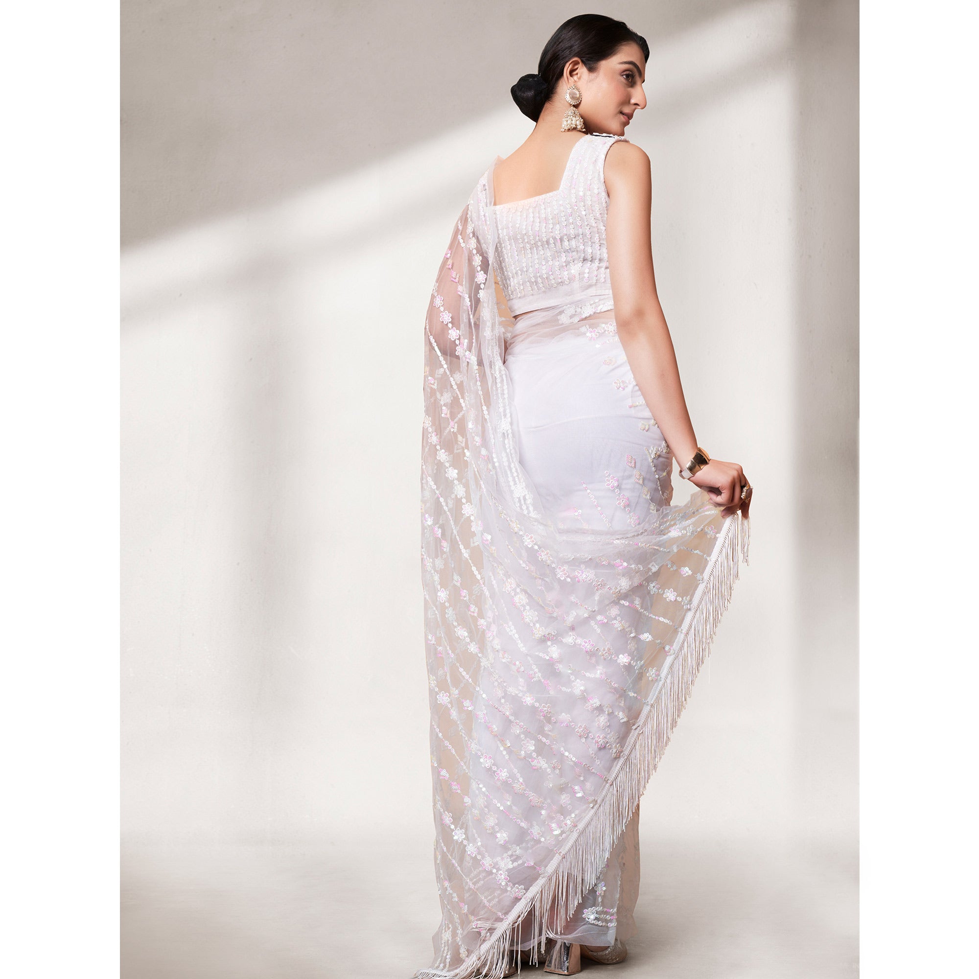 White Sequins Floral Embroidered Soft Net Saree