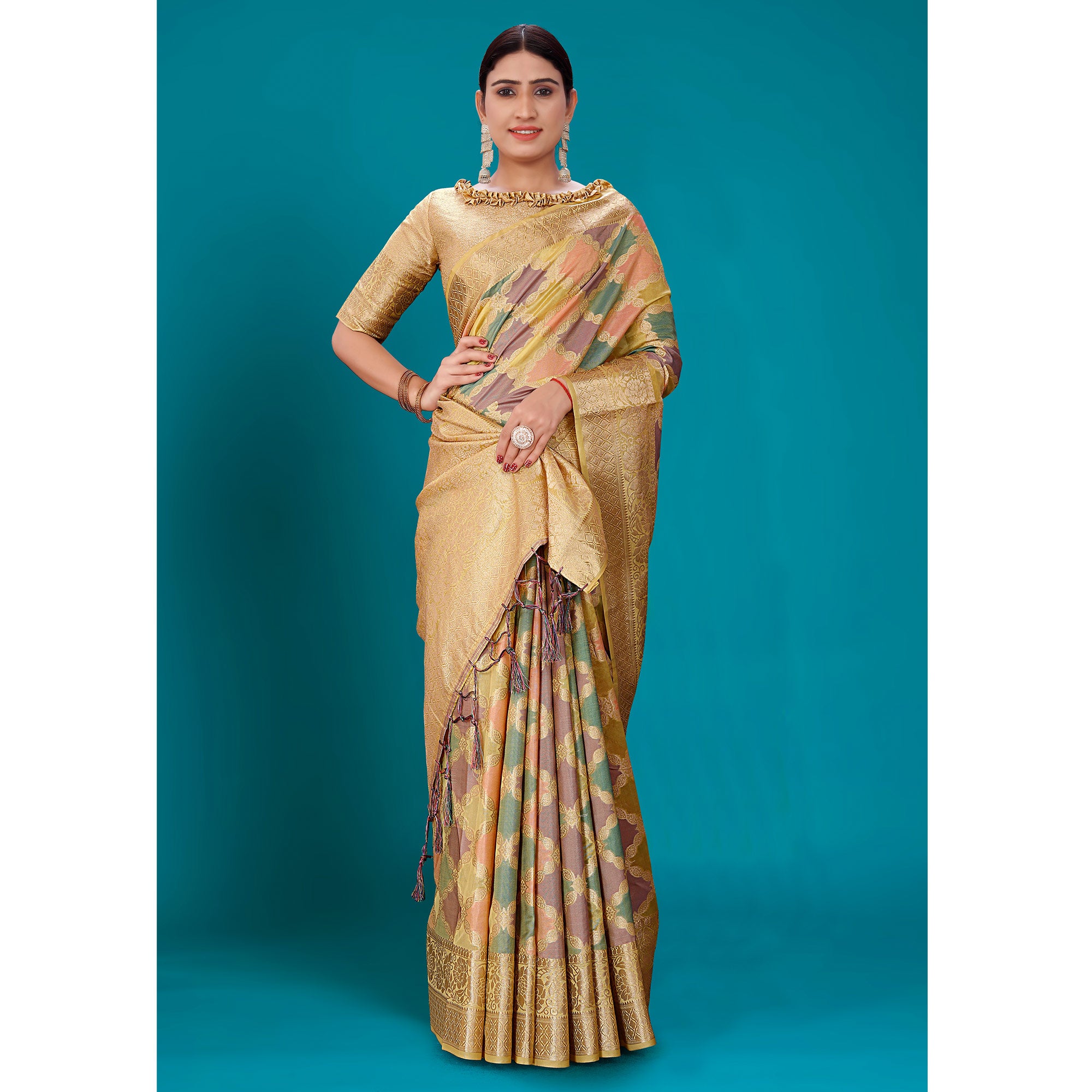 Light Pista Green Woven Organza Saree With Tassels