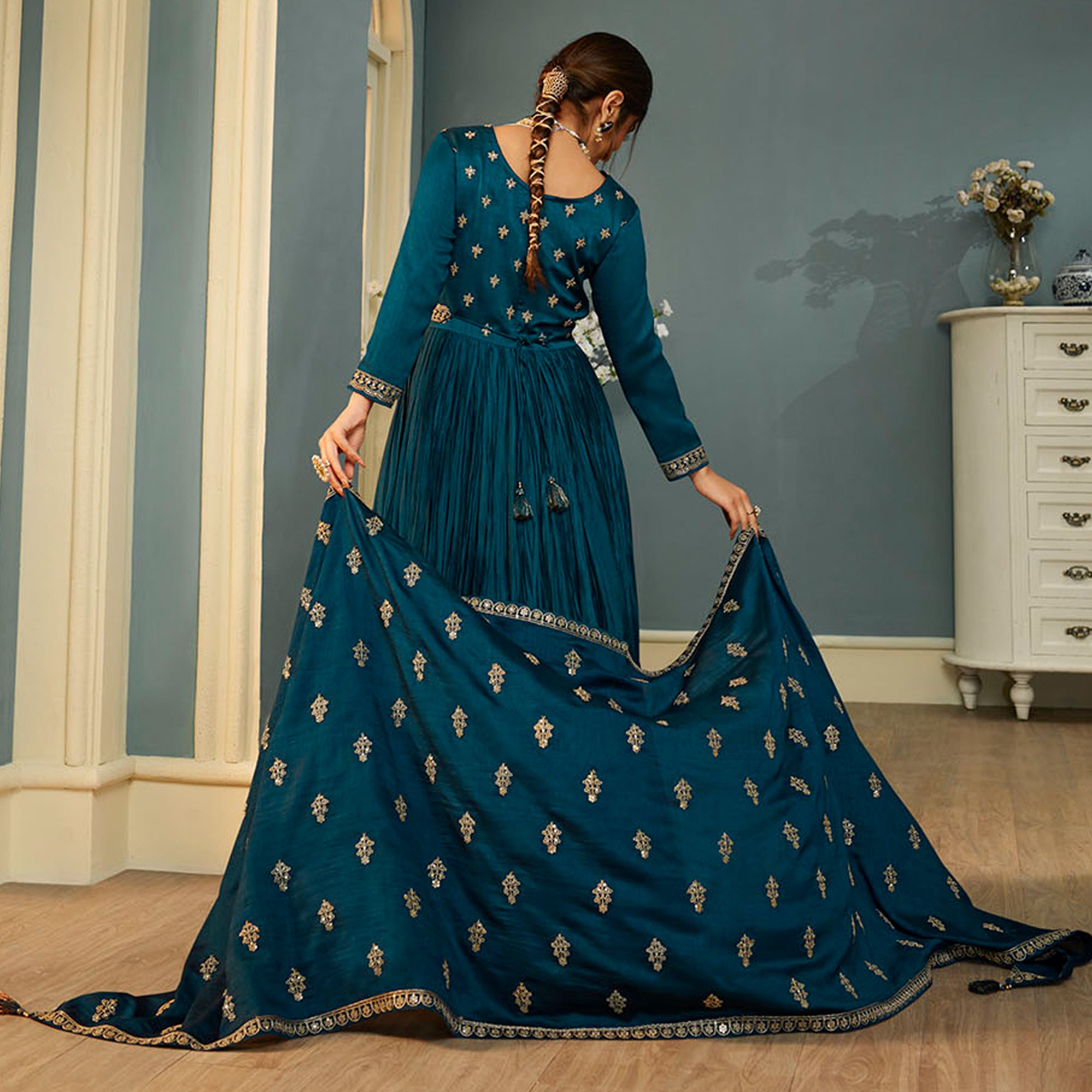Teal Blue Embroidered Georgette Gown
