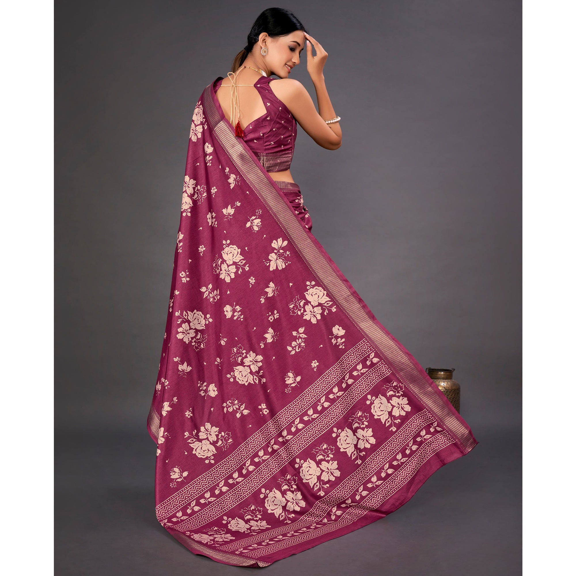 Purple Floral Printed Dola Silk Saree