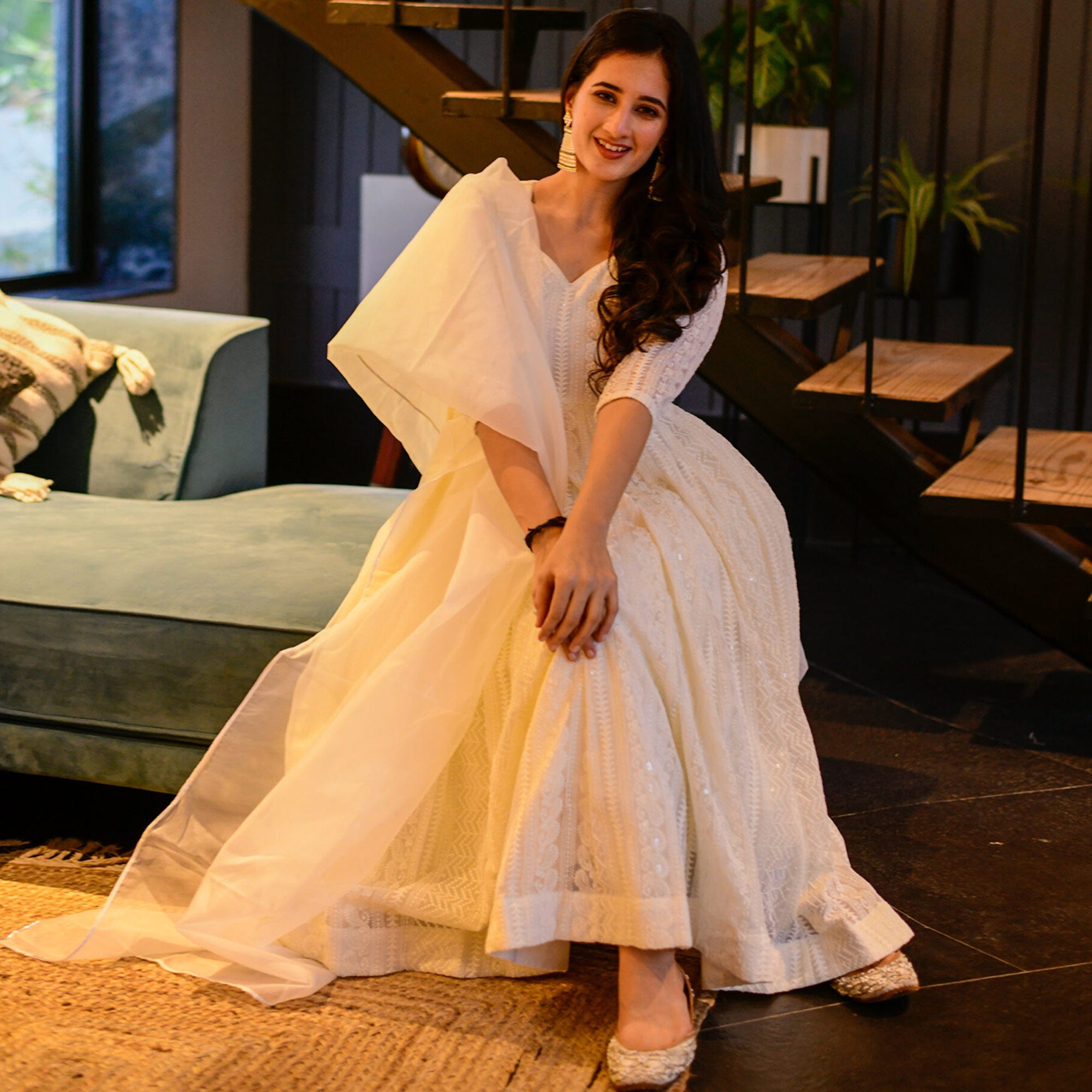 White Lucknowi Chikankari Work Georgette Anarkali Suit