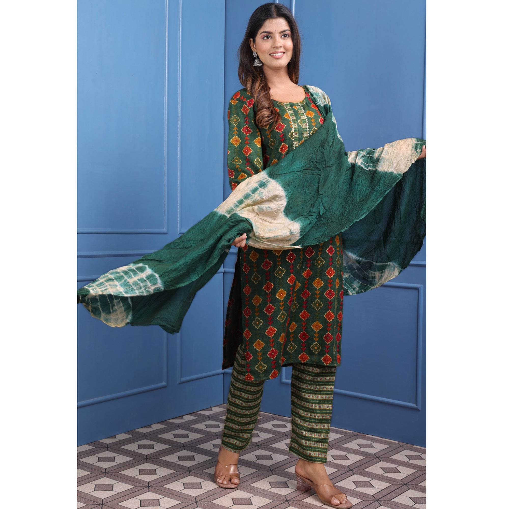 Green Floral Foil Printed Rayon Suit