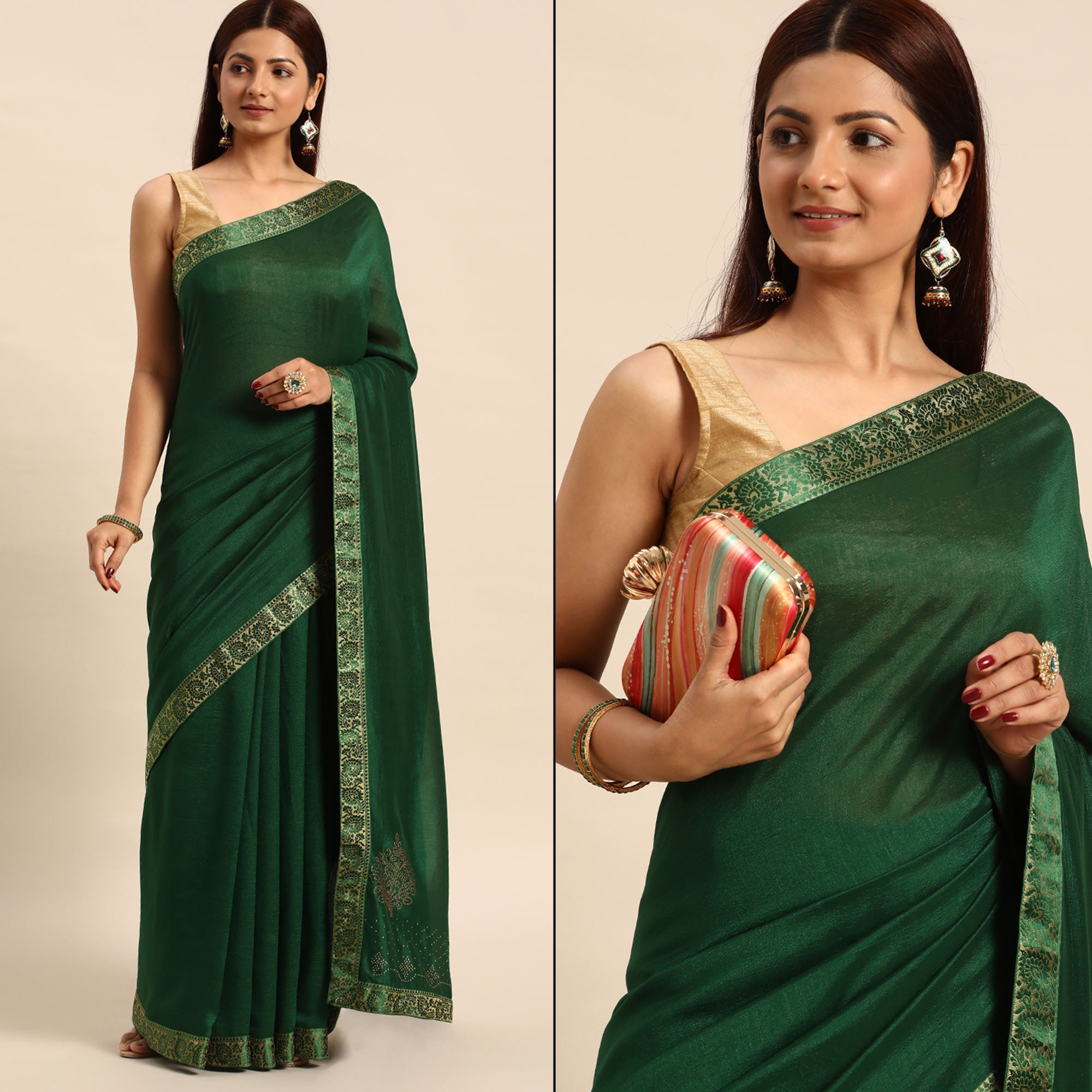 Green Swaroski Work Vichitra Silk Saree