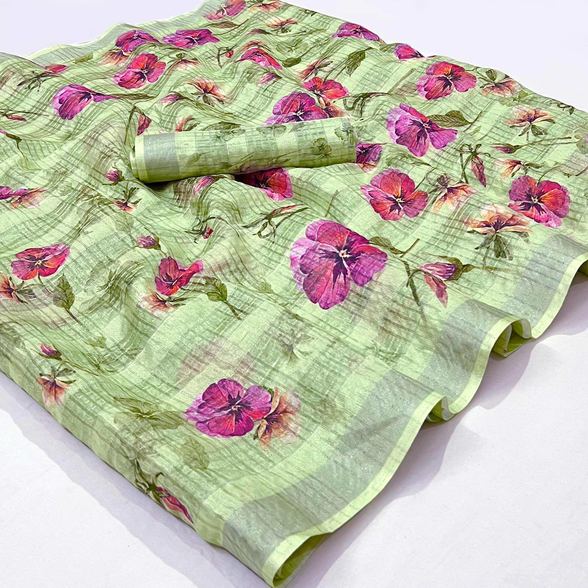 Green Floral Digital Printed Cotton Silk Saree