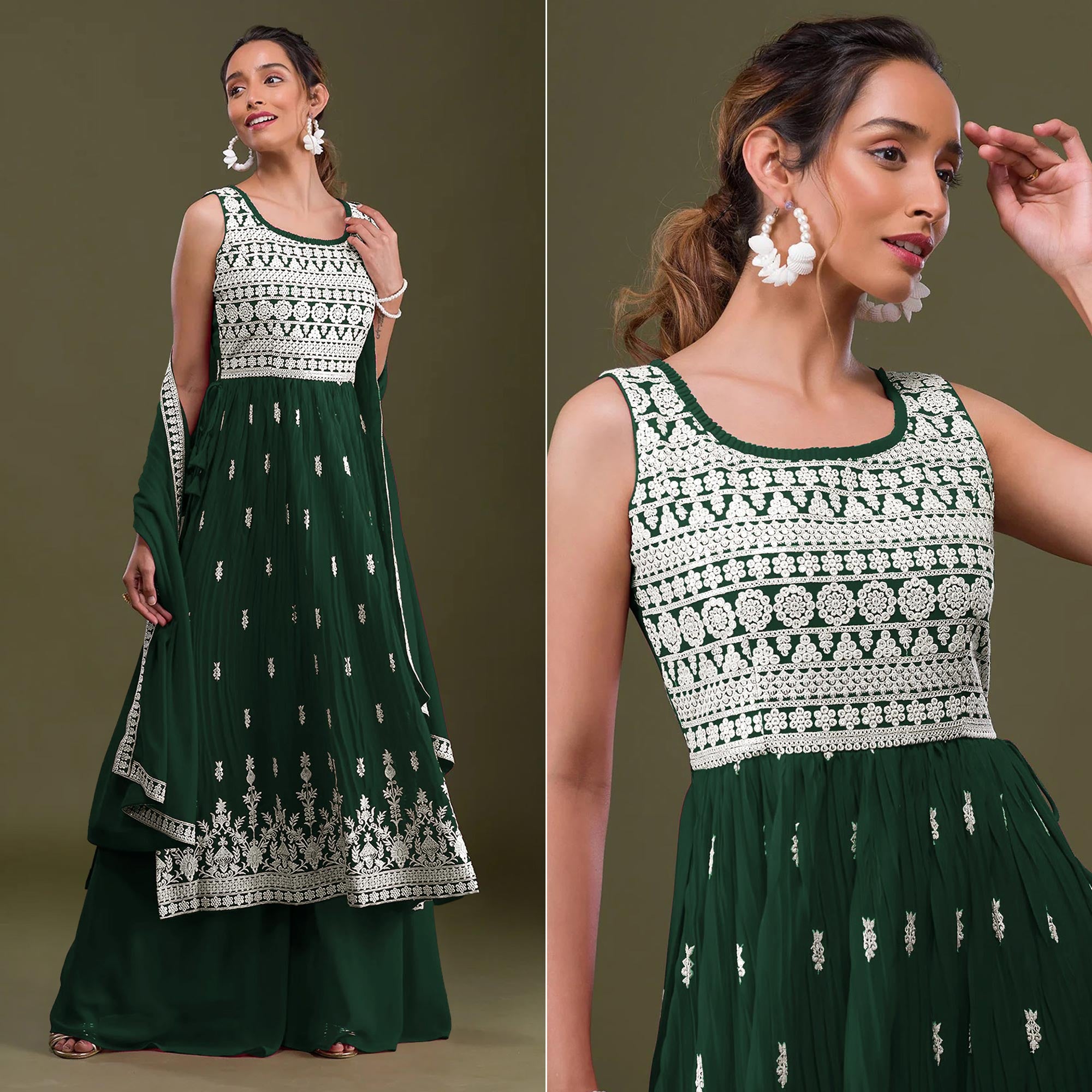 Green Embroidered Georgette Naira Cut Semi Stitched Palazzo Suit