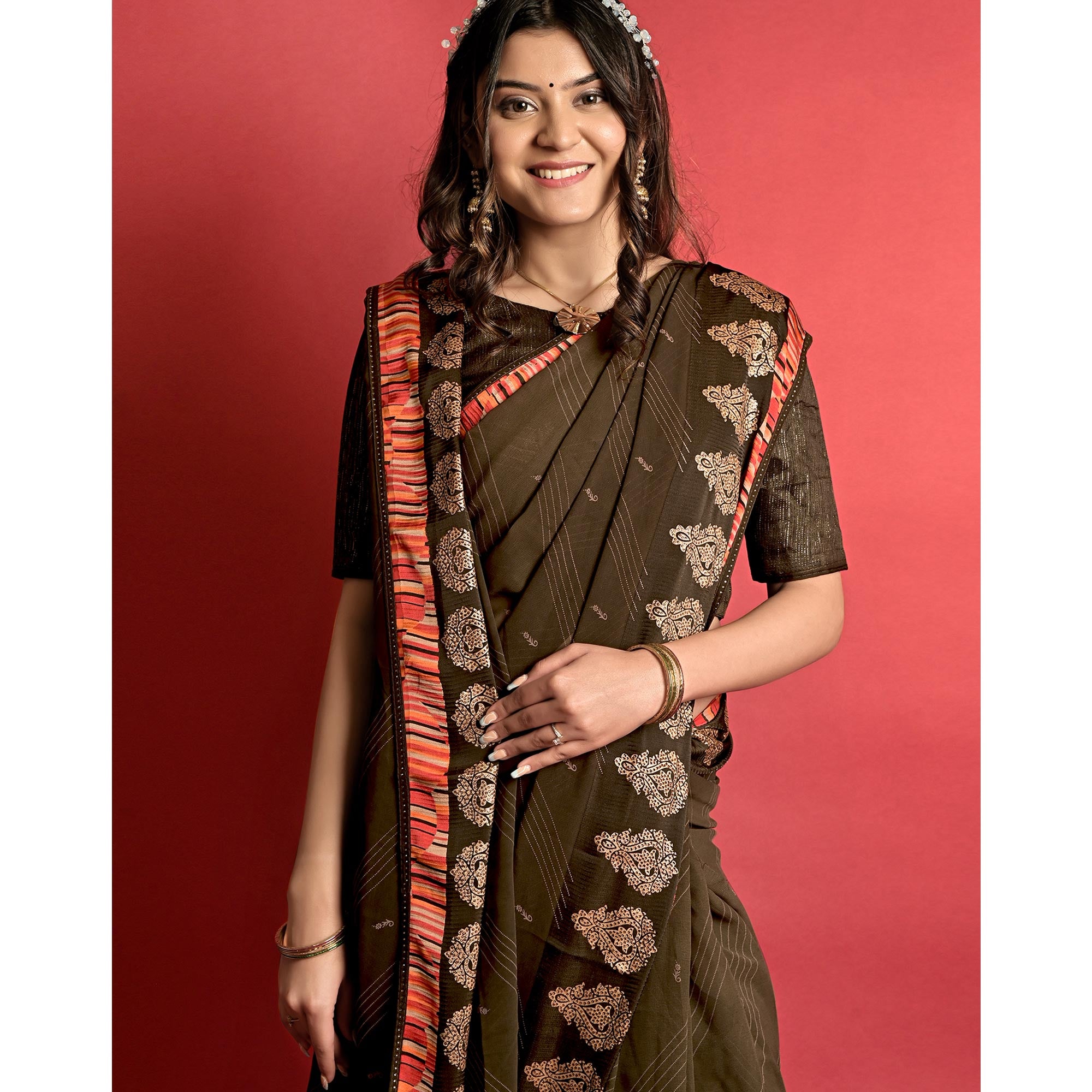 Olive Green Printed Georgette Saree