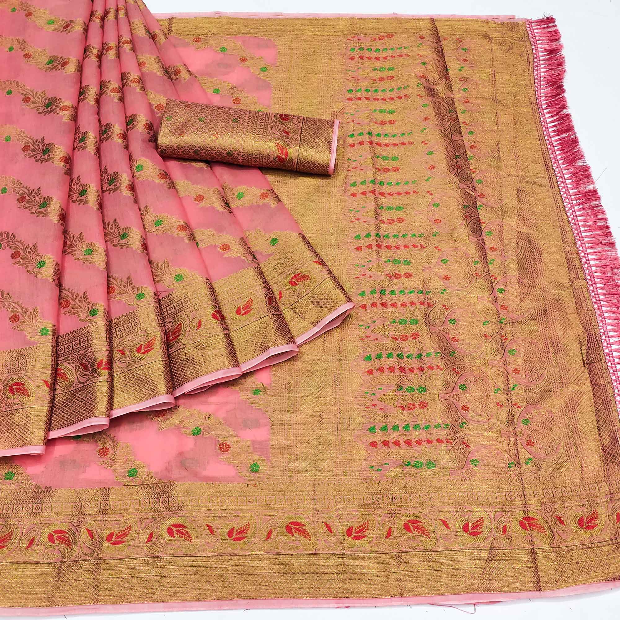 Pink Woven Cotton Blend Saree With Tassels