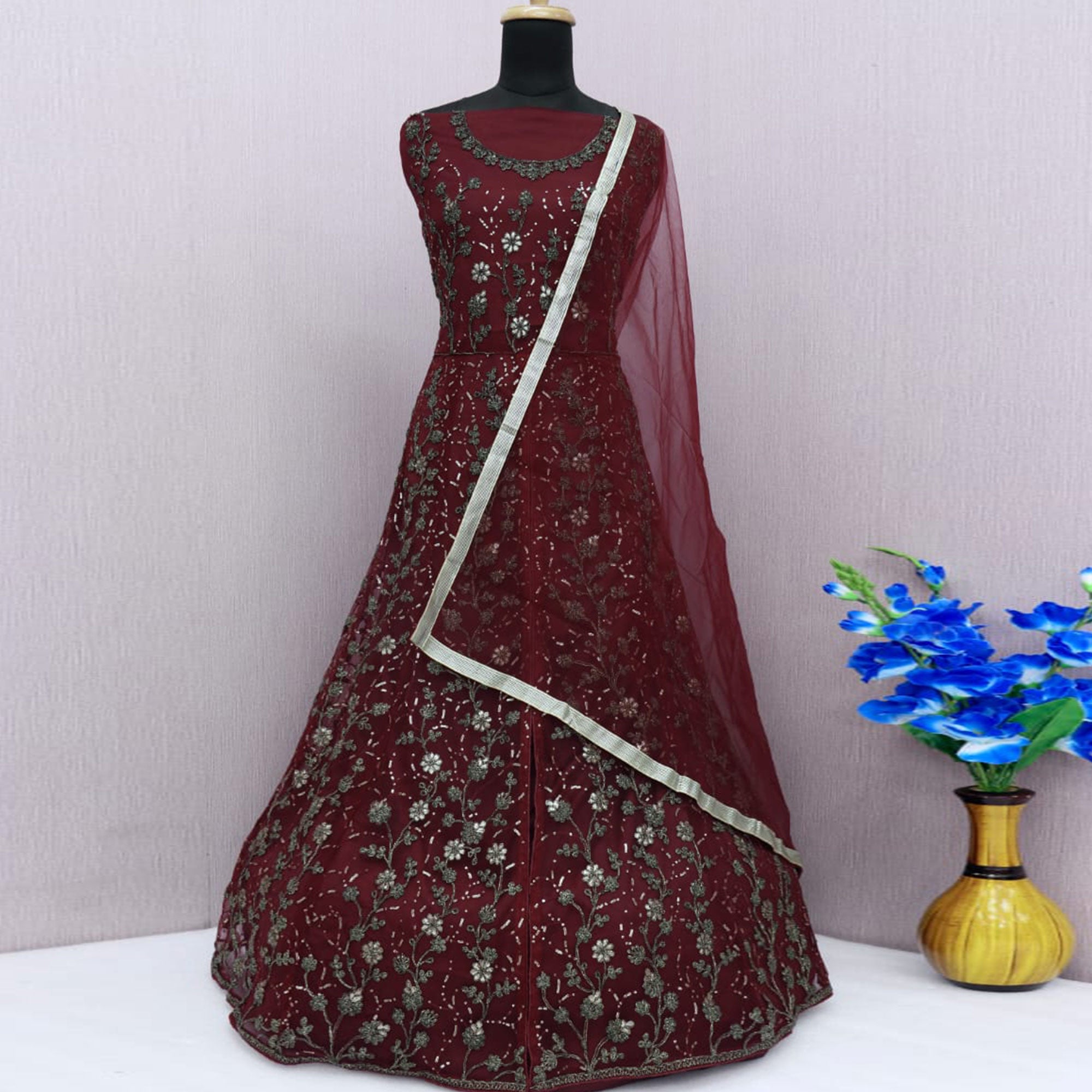 Maroon Zardosi Work Netted Gown